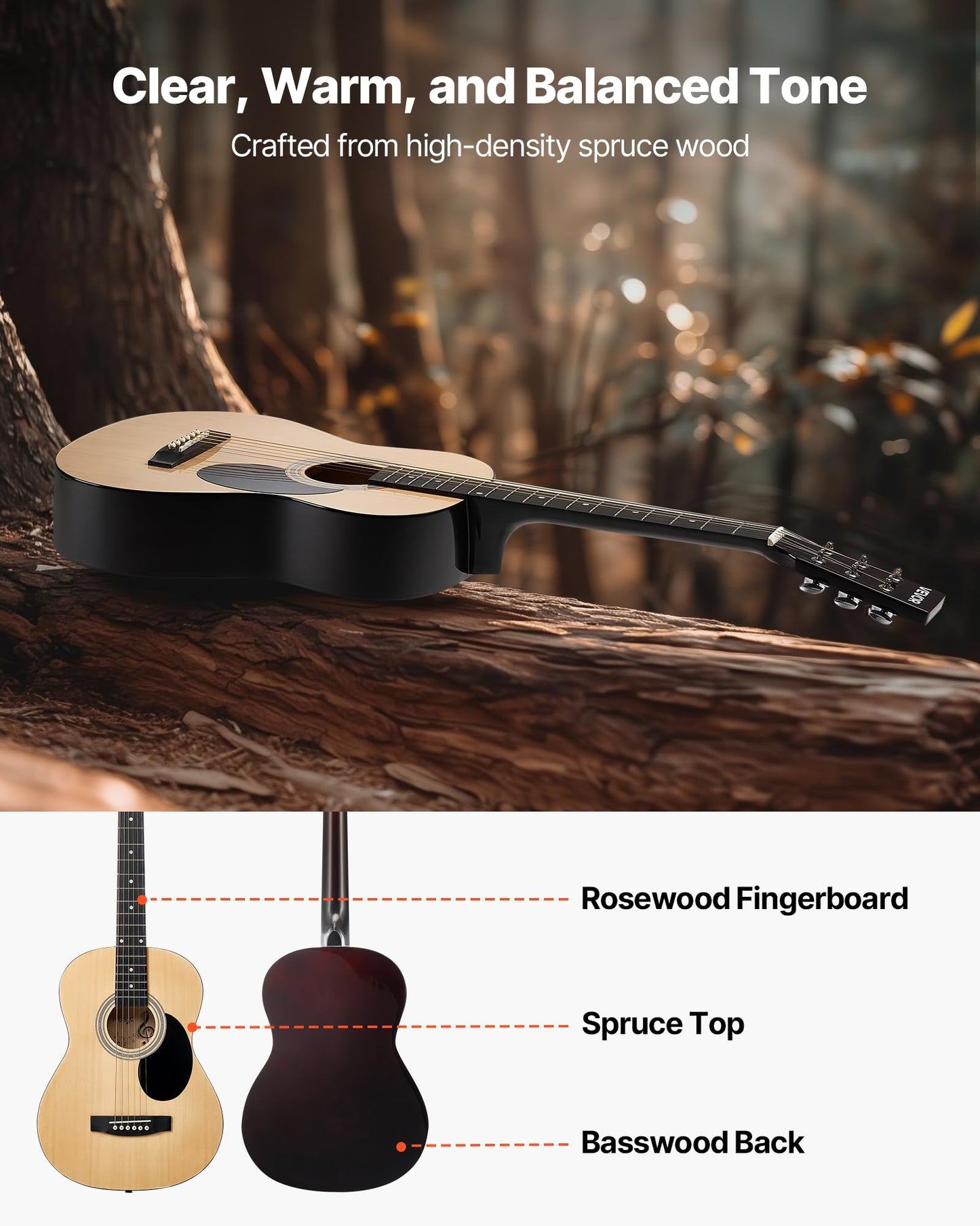 Vevor Dreadnought Acoustic Guitar, 36 In, 6-String Natural Solid Top Guitar, Portable Bundle With Gig Bag, Tuner, Strap, Steel S