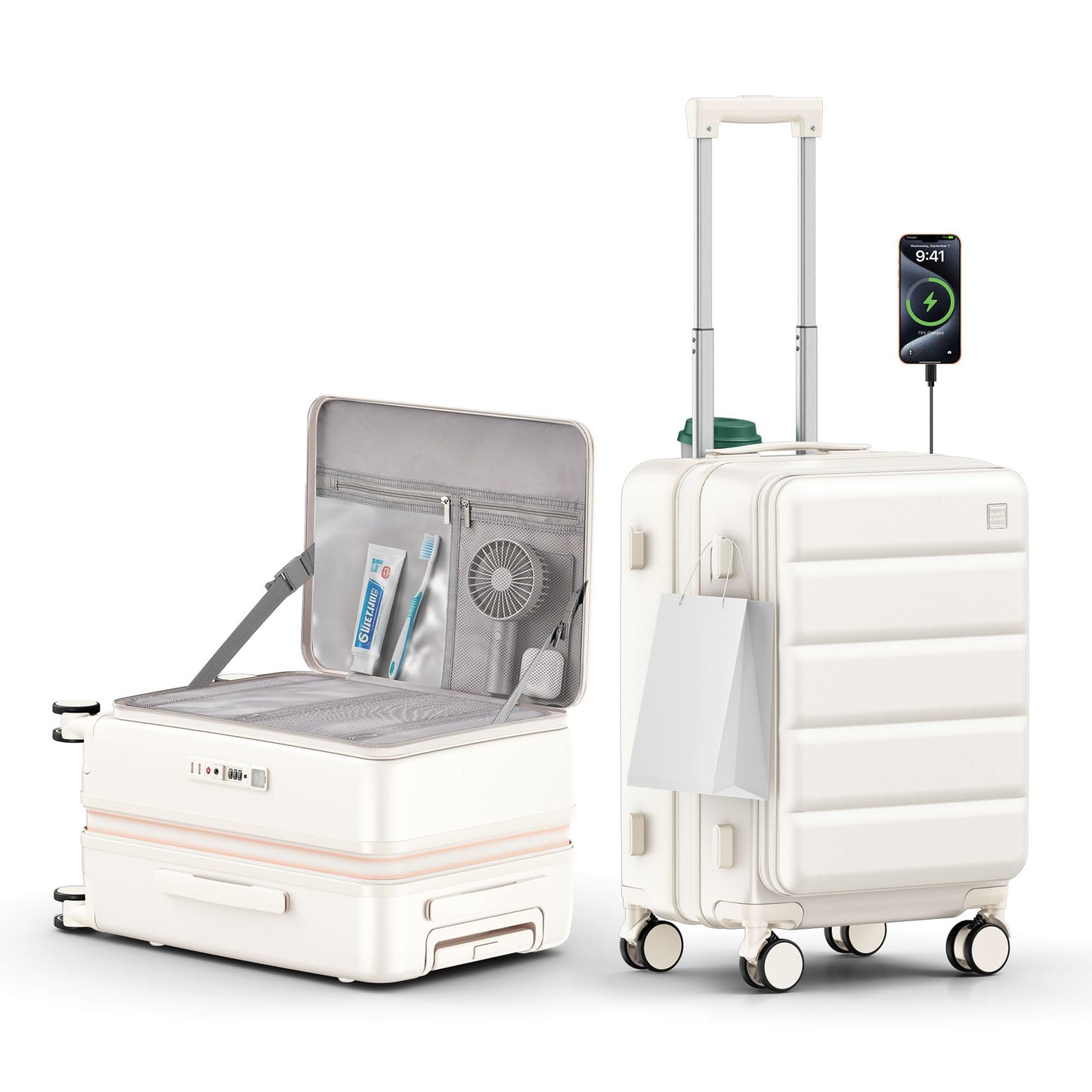 ISLAND ELEPHANT Expandable 20Inch Carry On Luggage Airline Approved - Top Opening Hardside Travel Suitcase Unbreakable -with Cup Holder,USB Charge,Side Pothook, 360°Spinner Wheels, TSA Lock-White