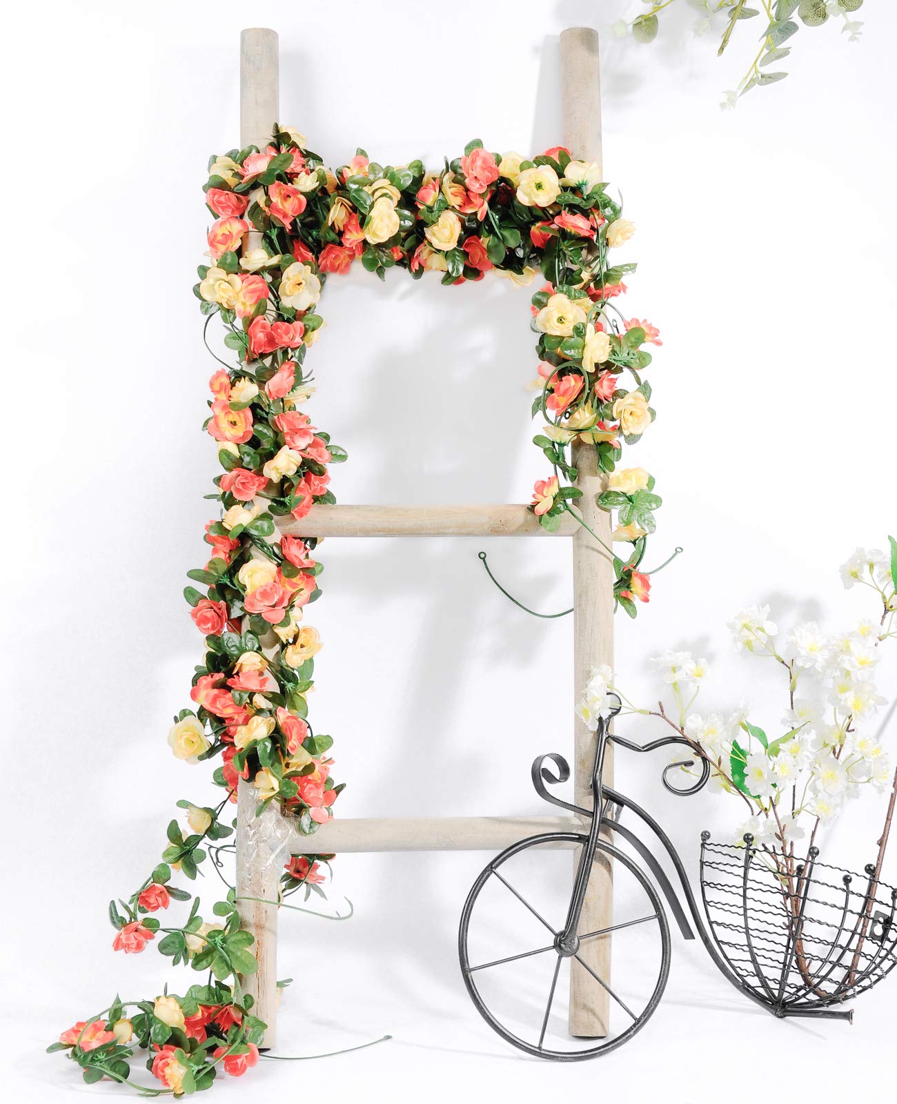 Miracliy 8Pcs 66FT Flower Garland, Orange and Champagne Artificial Rose Floral Vines Fake Hanging Spring Flower Garland for Wall Backdrop Wedding Arch Tea Party Door Mantle Decoration
