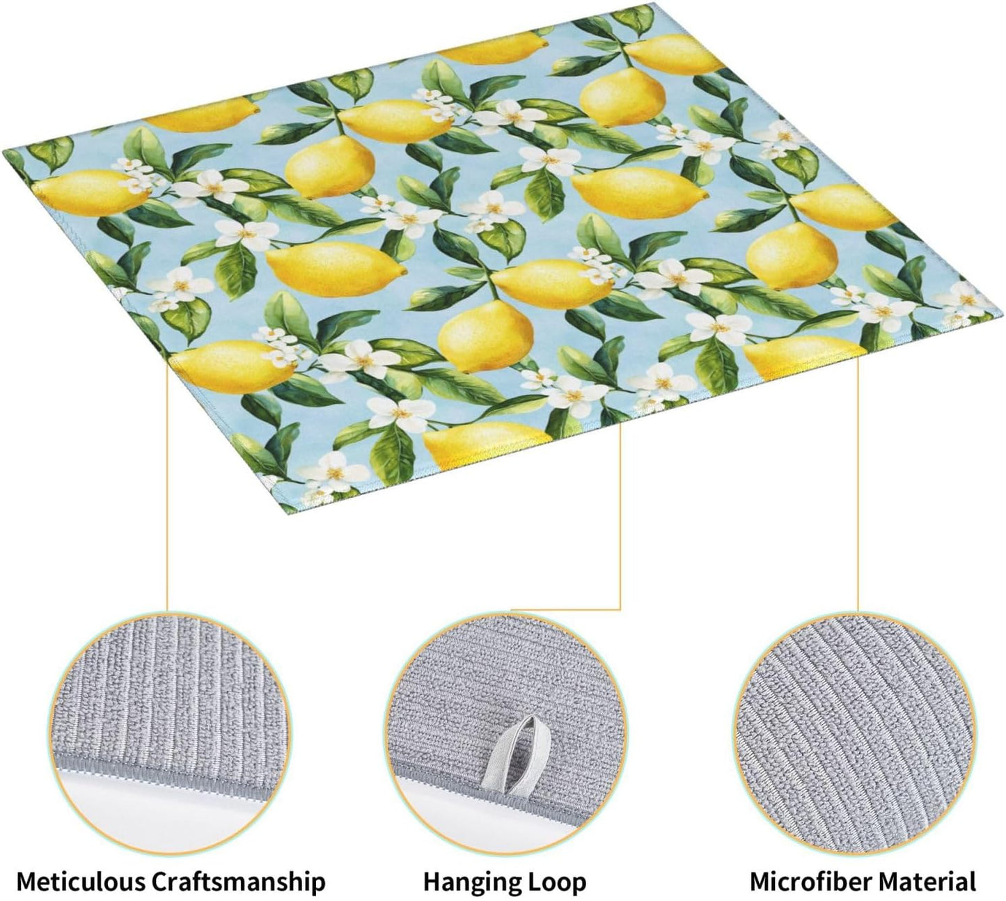 Dish Drying Mat for Kitchen Lemon Watercolor Flower Counter Absorbent Dishes Drainer Microfiber Small 16x18 Inch
