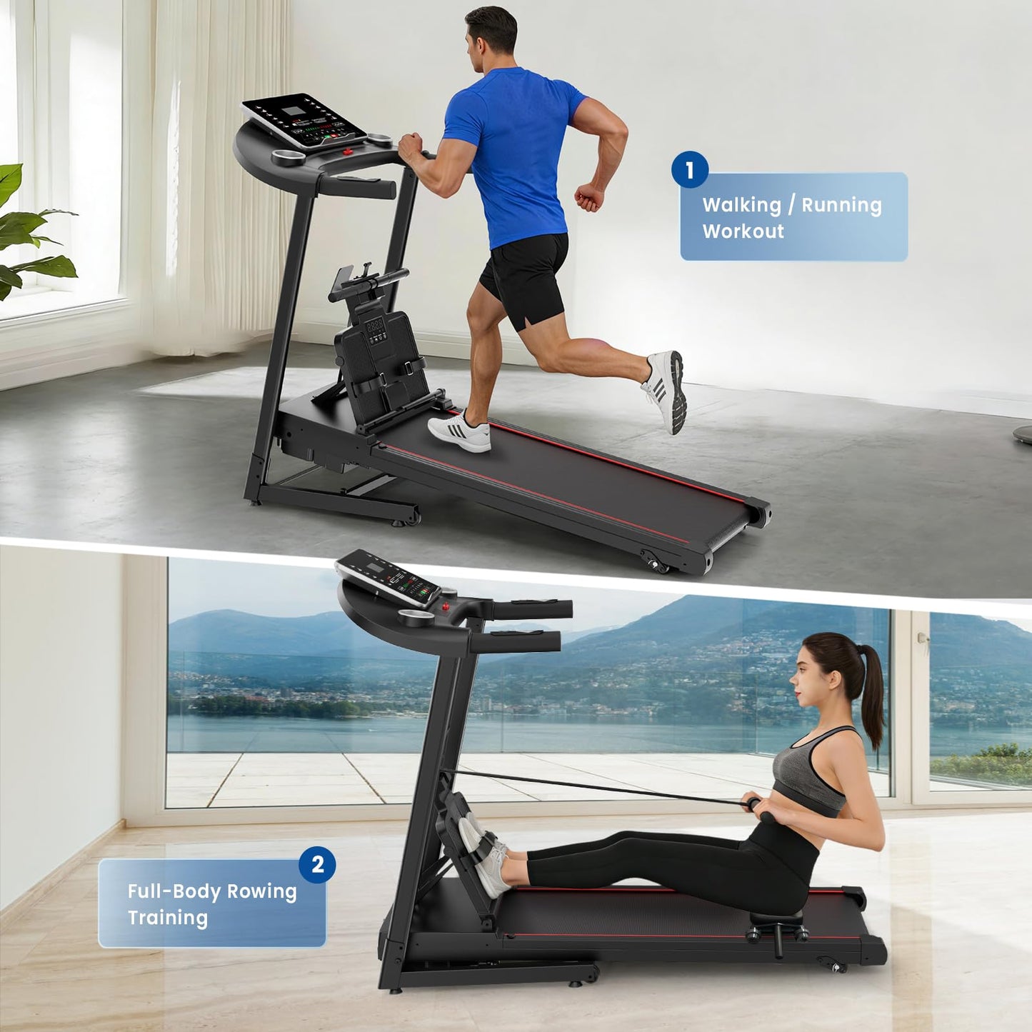 RECOVION 2-in-1 Treadmill and Rowing Machine Combines Running and Rowing for Aerobic Exercise with Adjustable Resistance, Space-Saving Full-Body Workout Machine