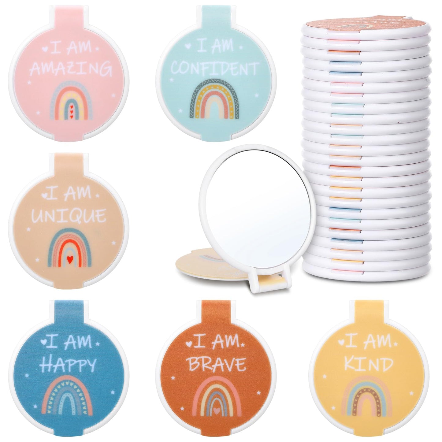 Geetery 24 Pcs Inspirational Compact Mirror Bulk Back to School Gifts Round Folding Boho Mini Pocket Rainbow Mirror for Women Po