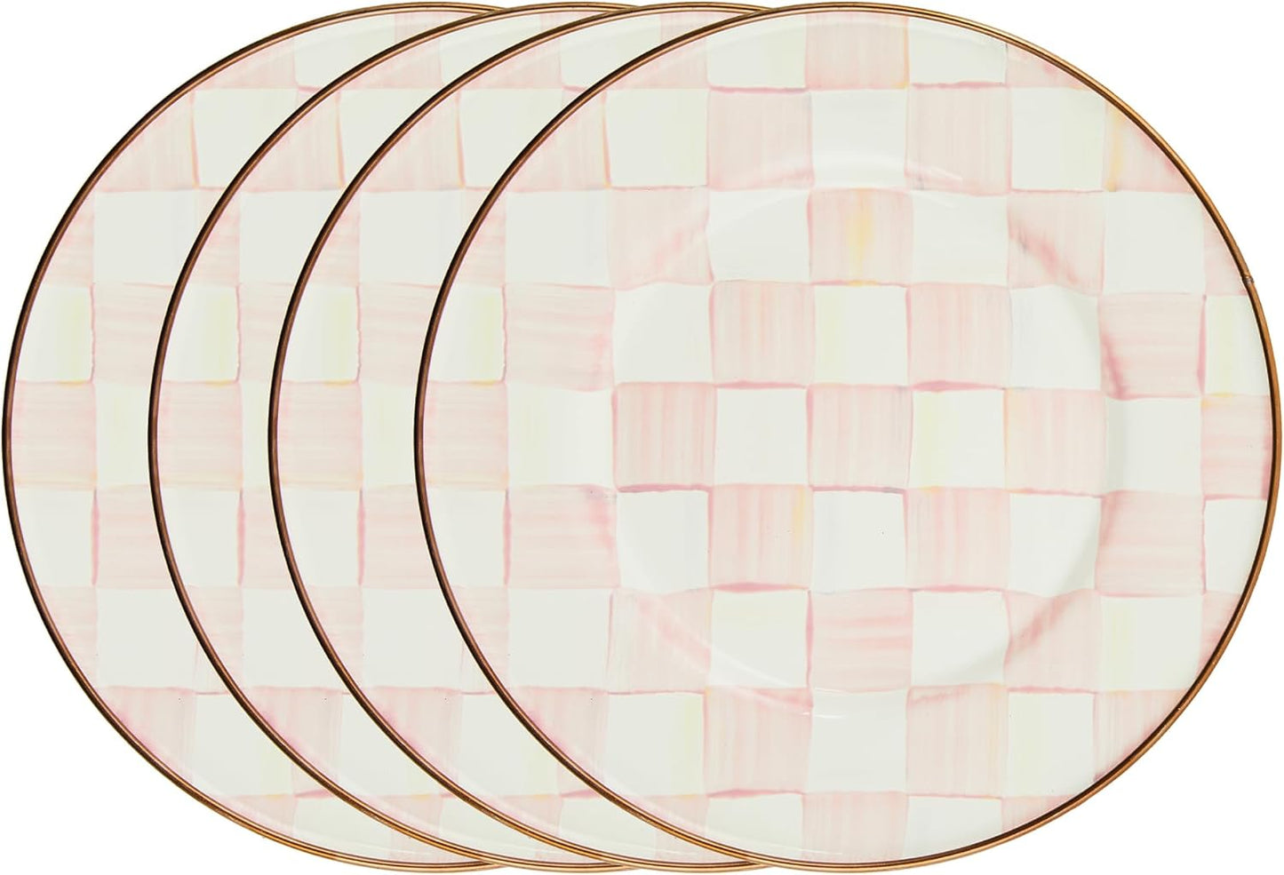 MACKENZIE-CHILDS Enamel Salad and Dessert Plate, Small Plate for Appetizers or Desserts, 8 Inches, Set of 4, Pink-and-White Rosy Check