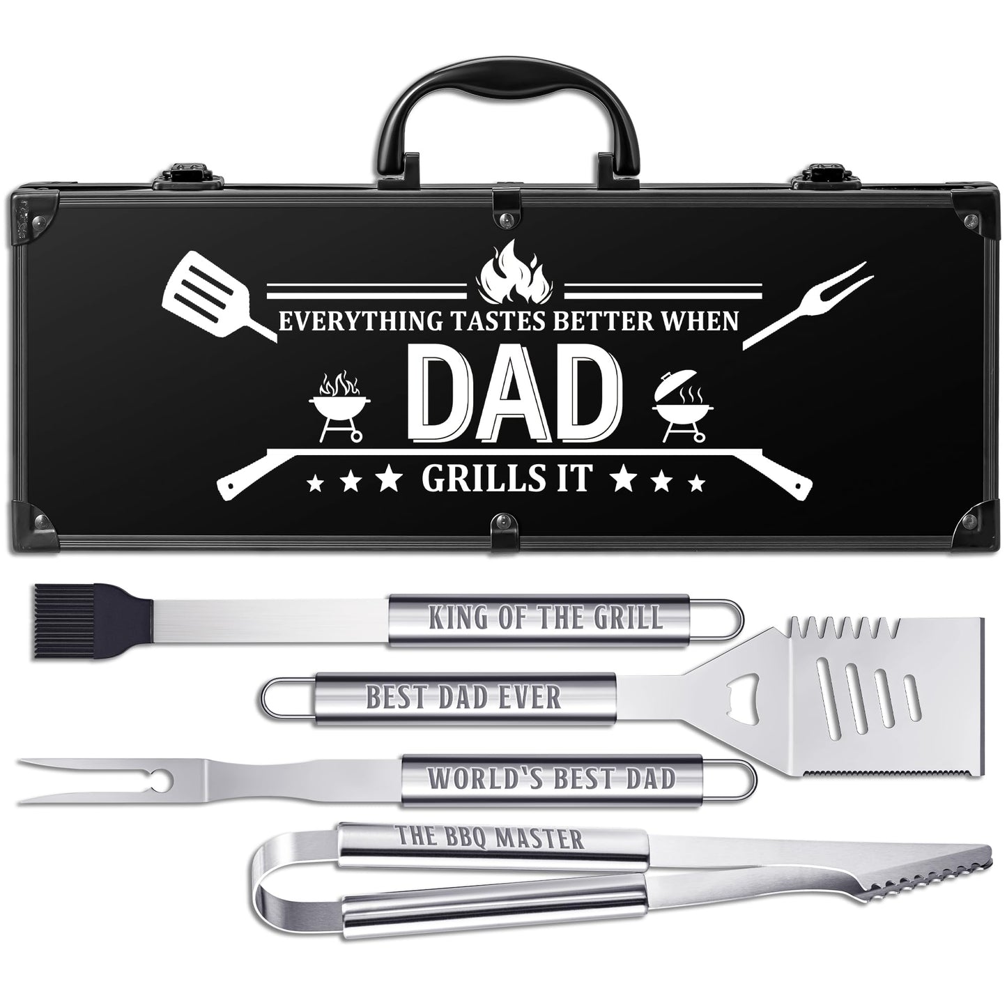 Dad Birthday Gifts, Grilling Accessories, Heavy Duty Stainless Steel Grill Set BBQ Grill Tools for Outdoor Grill with Aluminum Case, Dad Grill Utensils Ideal Christmas Grilling Gift for Men(Black)