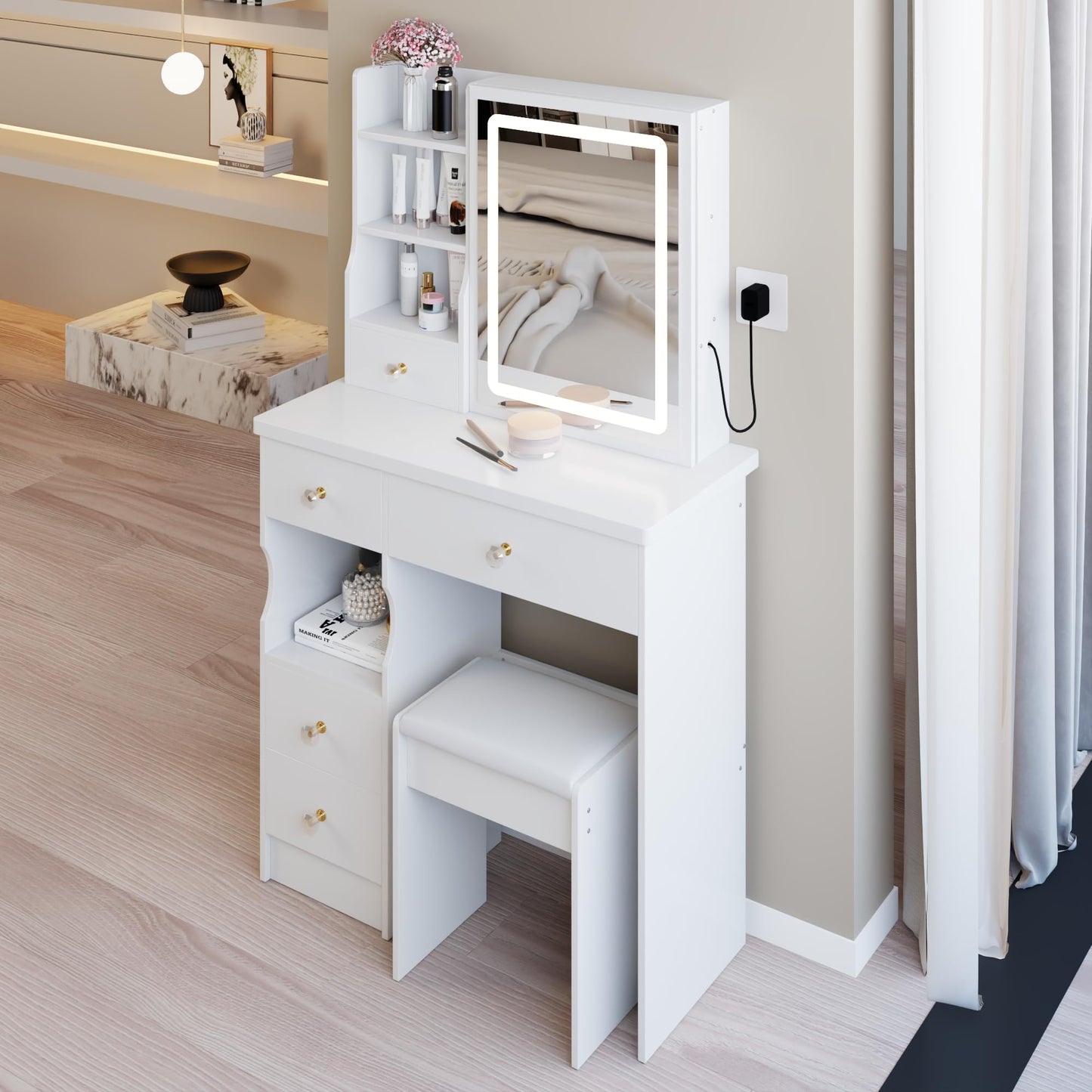 Zyerch Small Makeup Vanity Desk with Mirror and LED Lights, Small Vanity Desk with Storage Stool, 3-Mode Adjustable Lights, Compact Vanities with Storage Shelves Drawers，White