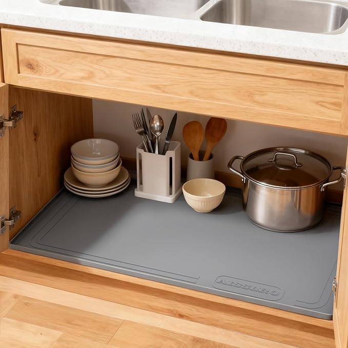 Under Sink Mat 25" X 19", Waterproof Silicone Under Sink Mats for Kitchen, Anti-Leak Shelf Liner & Cabinet Protector with Raised Edge, [BPA Free] Bathroom Tray Home Organizer, Grey
