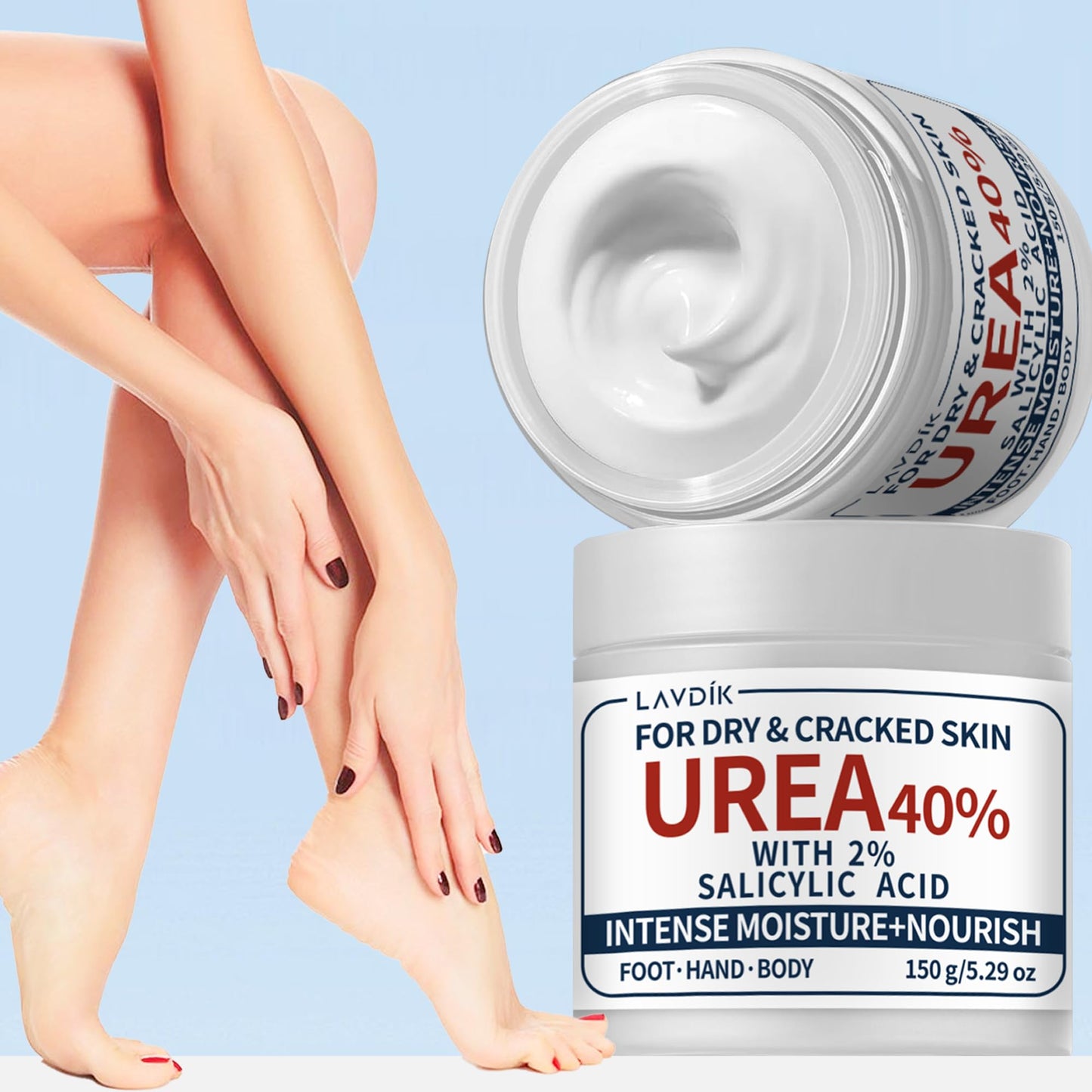 LAVDIK 40% Urea Cream with 2% Salicylic Acid, Maximum Strength Moisturizer for Dry, Cracked Skin on Feet, Hands, Heels, Elbows,