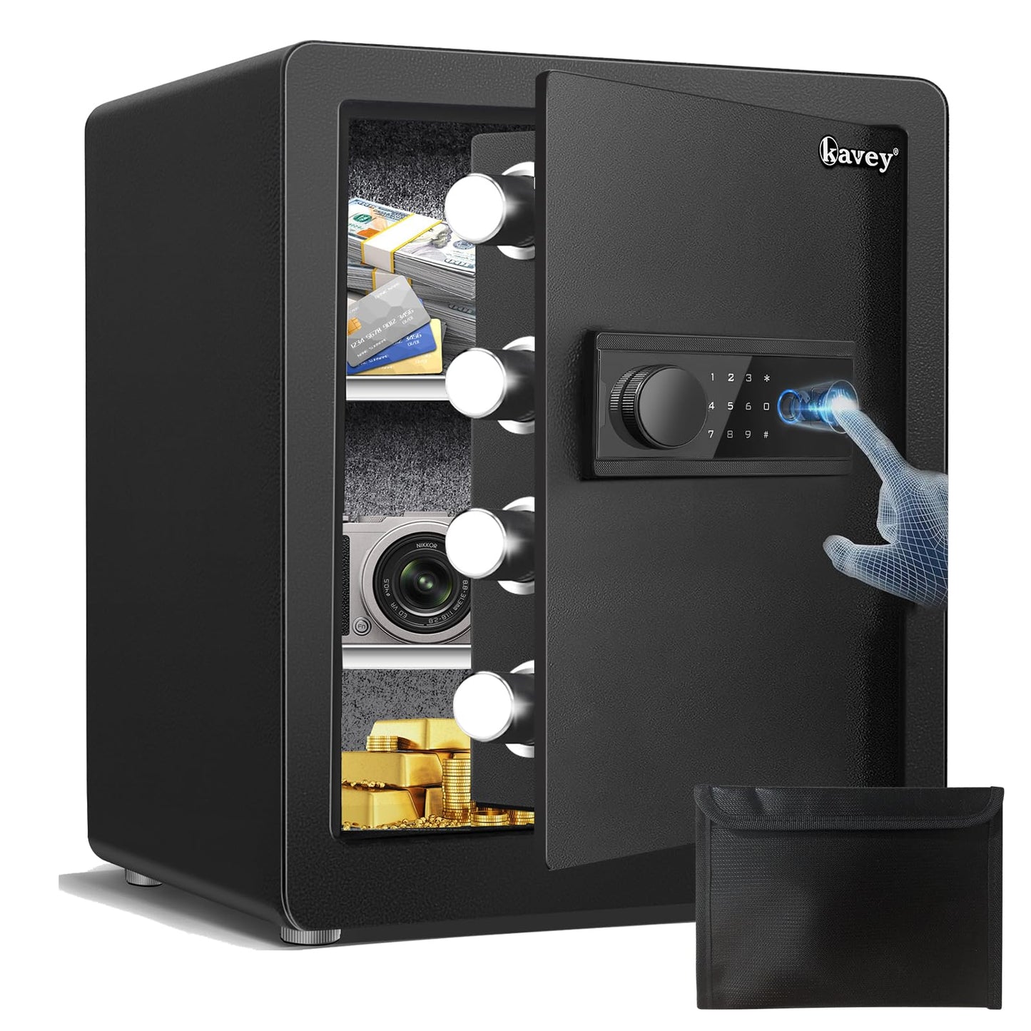 Kavey 2.0 Cub Biometric Safe Box, Fingerprint Safe with Backlit Touch Screen Keypad and Dual Alarm System, Steel Security Lock Box With Mute Function and LED Light, 12.59"D x 14.96"W x 17.72"H