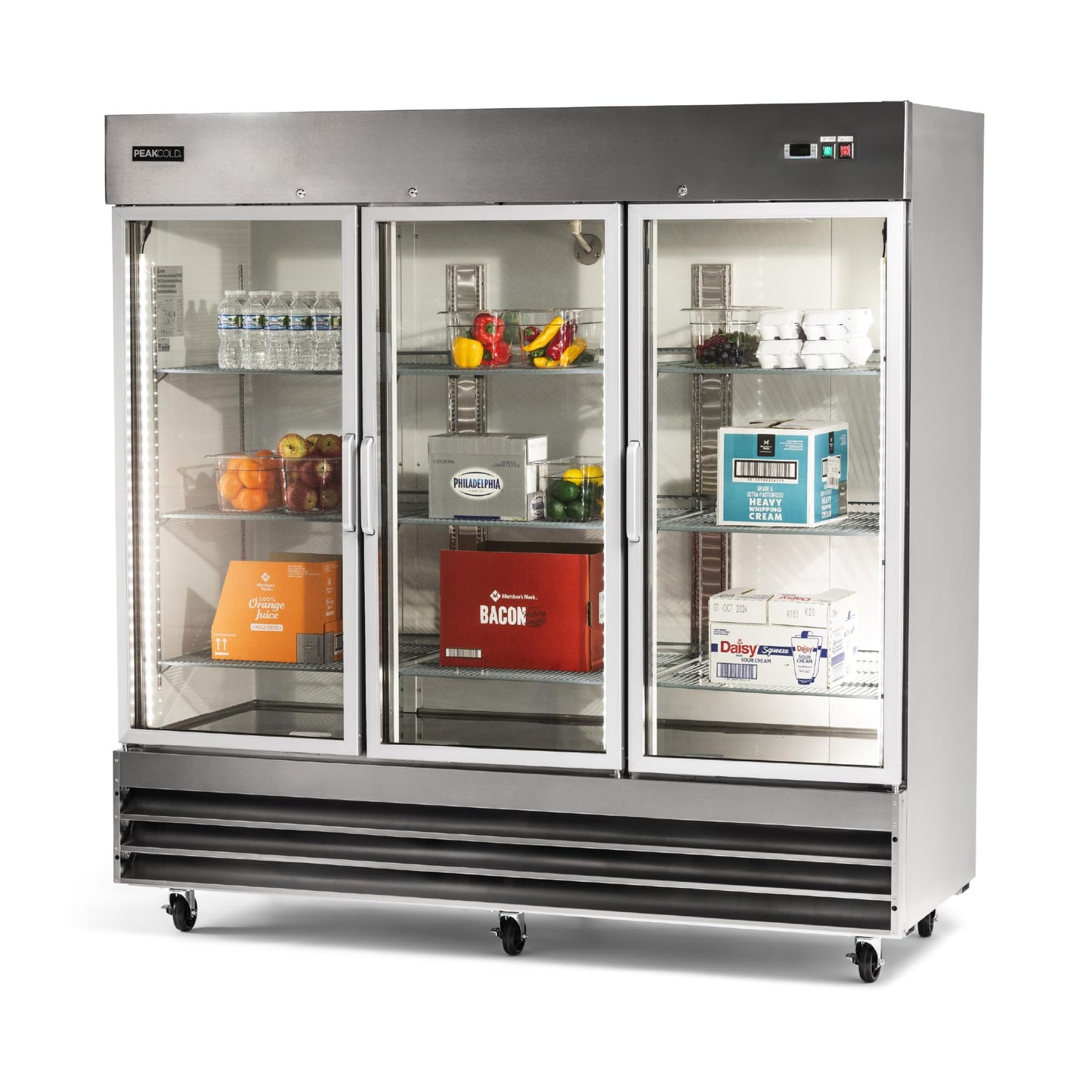 PEAKCOLD 3 Glass Door Commercial Refrigerator - 72 Cubic Ft, 81" Wide Stainless Steel Reach-In Commercial Refrigerator with White Internal Lighting - Freestanding Industrial Fridge