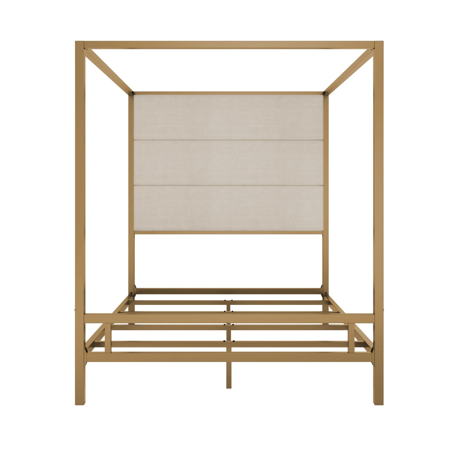 Merax Queen Size Gold Metal Canopy Bed Frame, 76.5" Tall Linen Upholstered Headboard, 4-Poster Bed with 800 lbs Capacity, Box Spring Required for Bedroom, Gold+Tan