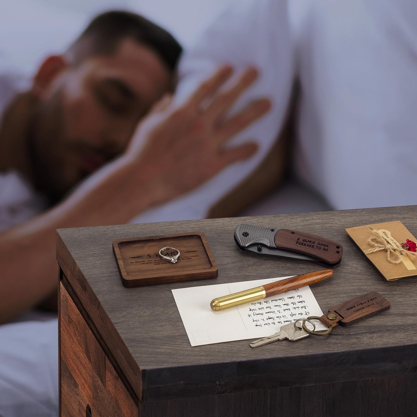 5 Year Anniversary Wooden Gift for Him Wood Gifts Set for 5th Wedding Anniversary 5 Years of Marriage Present for Men Husband Couple Unique Keepsake Including:pocket Knife&ring Dish&pen&keychain