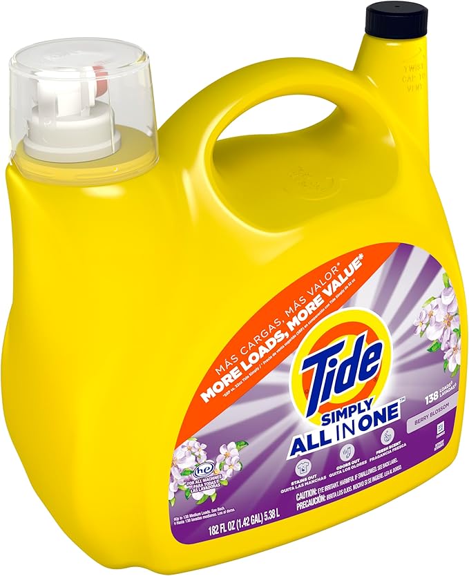 Tide Simply All-In-One Liquid Laundry Detergent, Berry Blossom Scent, 138 Loads, 182 fl oz