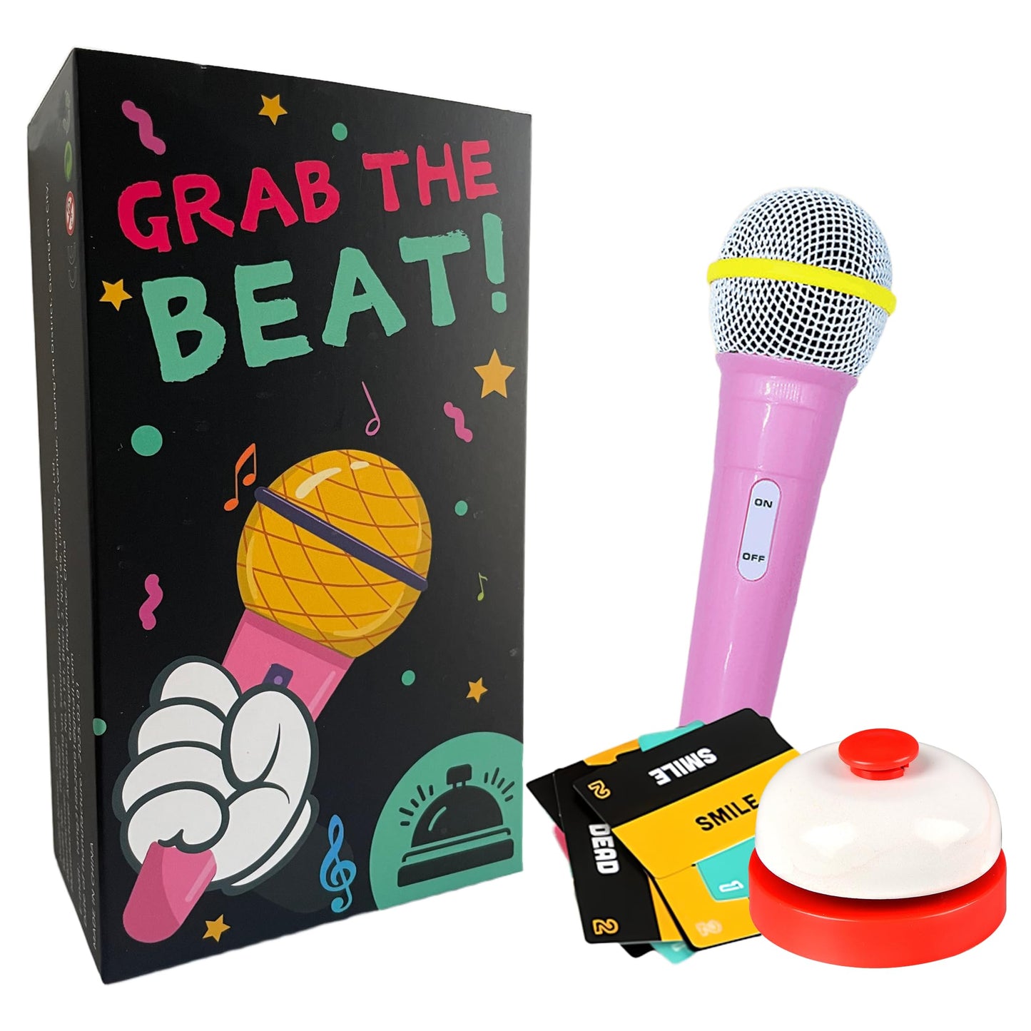 Bazil Bazos Grab The Beat! - 125 Lyric Cards, Prop Mic, for 2-10 Players - Ideal for Game Nights & Gifts