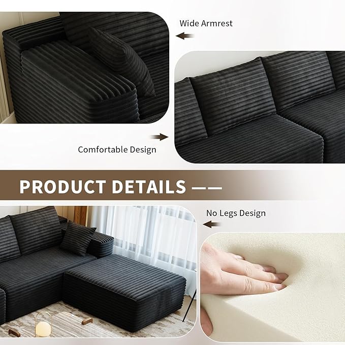 139.4" Modular Sectional Sofa, L-Shaped Minimalist Couches with Middle Seat Chaise, Modern Deep Seat Convertible Sleeper Sofa,Cloud Plush Corduroy Fabric, No Assembly Required, 5 Seater, Black