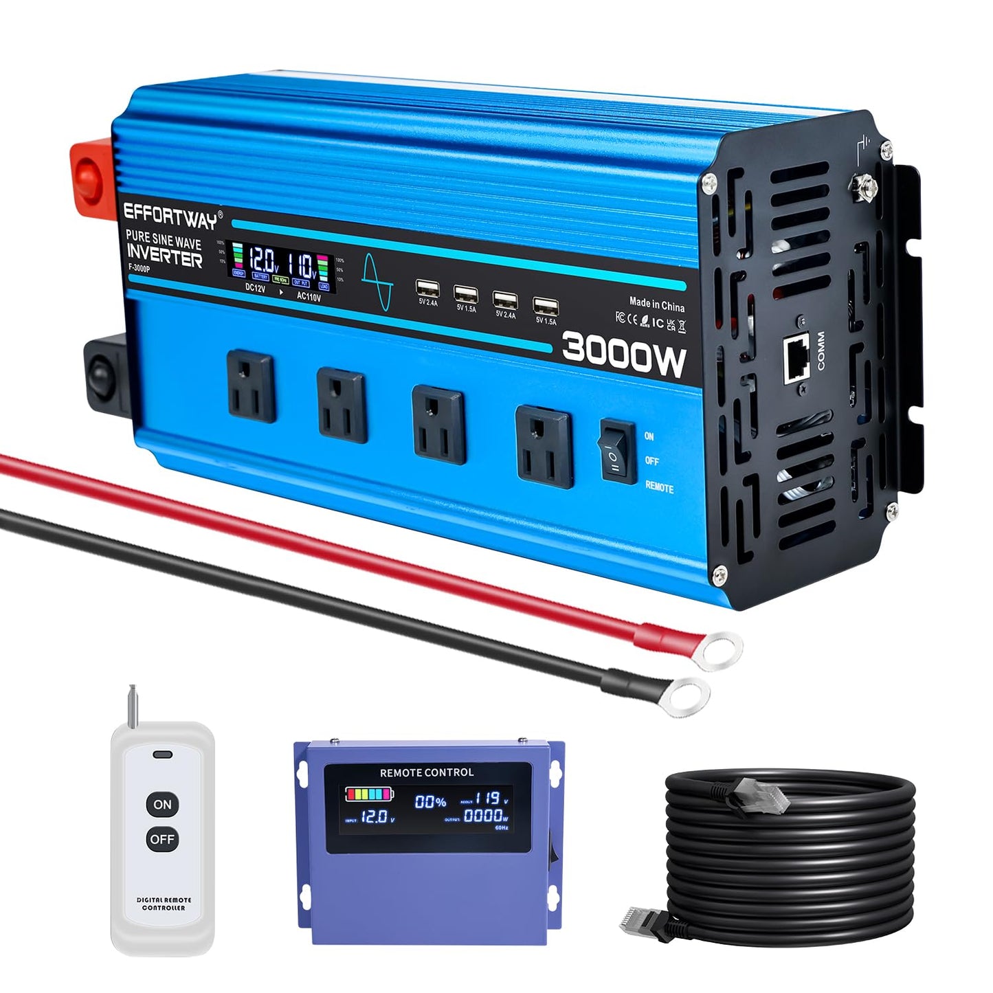 3000W Pure Sine Wave Inverter Dc 12V To Ac 110V/120V Converter, 6000W (Peak) With Lcd Display, Wireless/Wired Remote Control, 4A