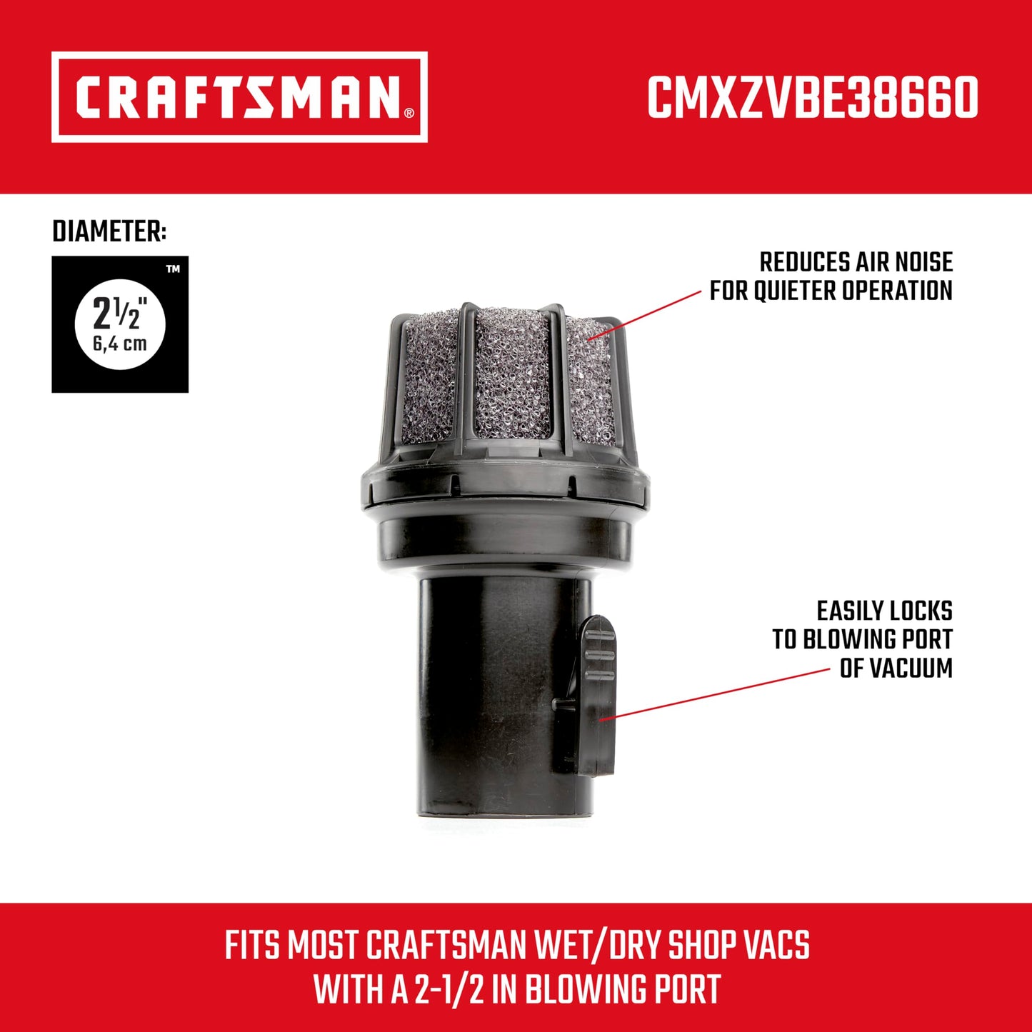 CRAFTSMAN CMXZVBE38660 2-1/2 in. Muffler Diffuser Wet Dry Vac Attachment, Industrial-Grade Shop Vacuum Accessory for Diffusing the Airstream While Cleaning, Fits 2-1/2 in. Hose Diameter