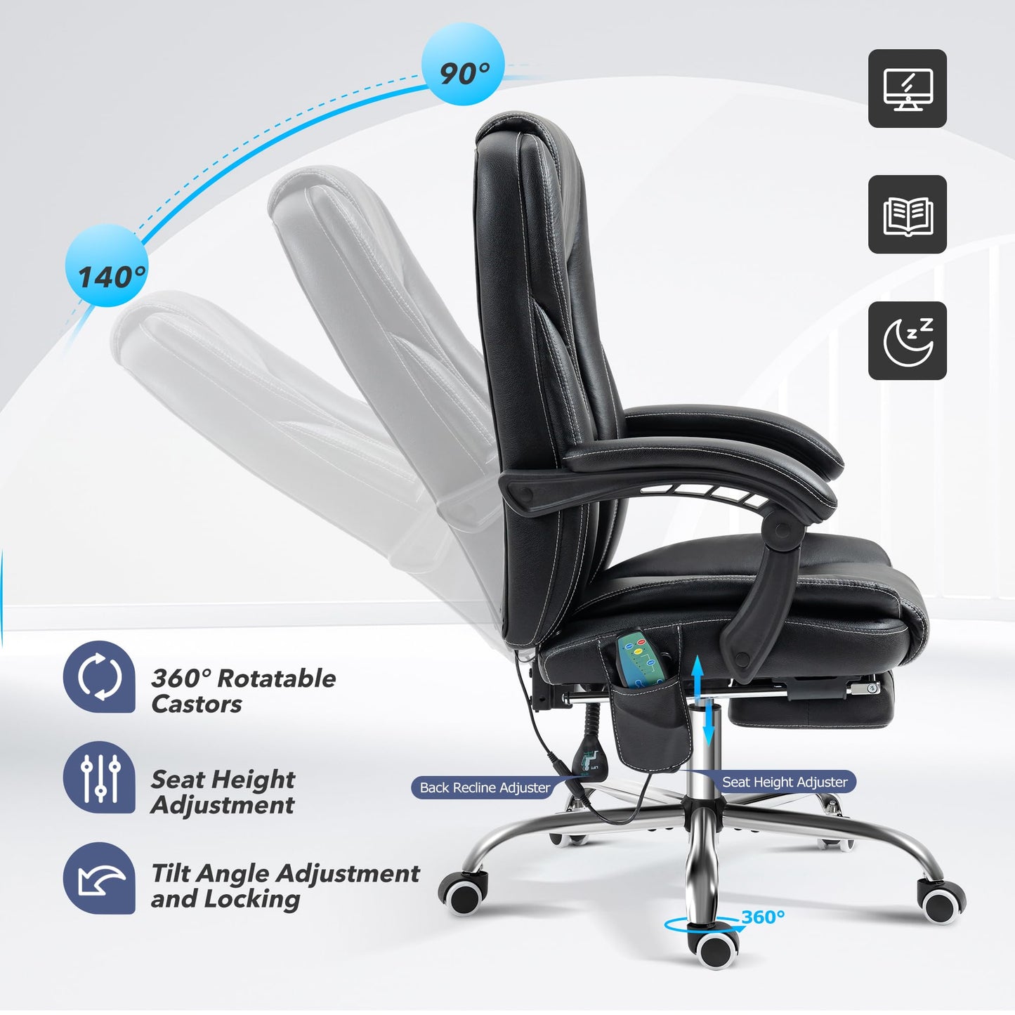 TonghuaS Reclining Massage Office Chair with Footrest, High Back Ergonomic Executive Chair with Heating and Vibration Function(Black)