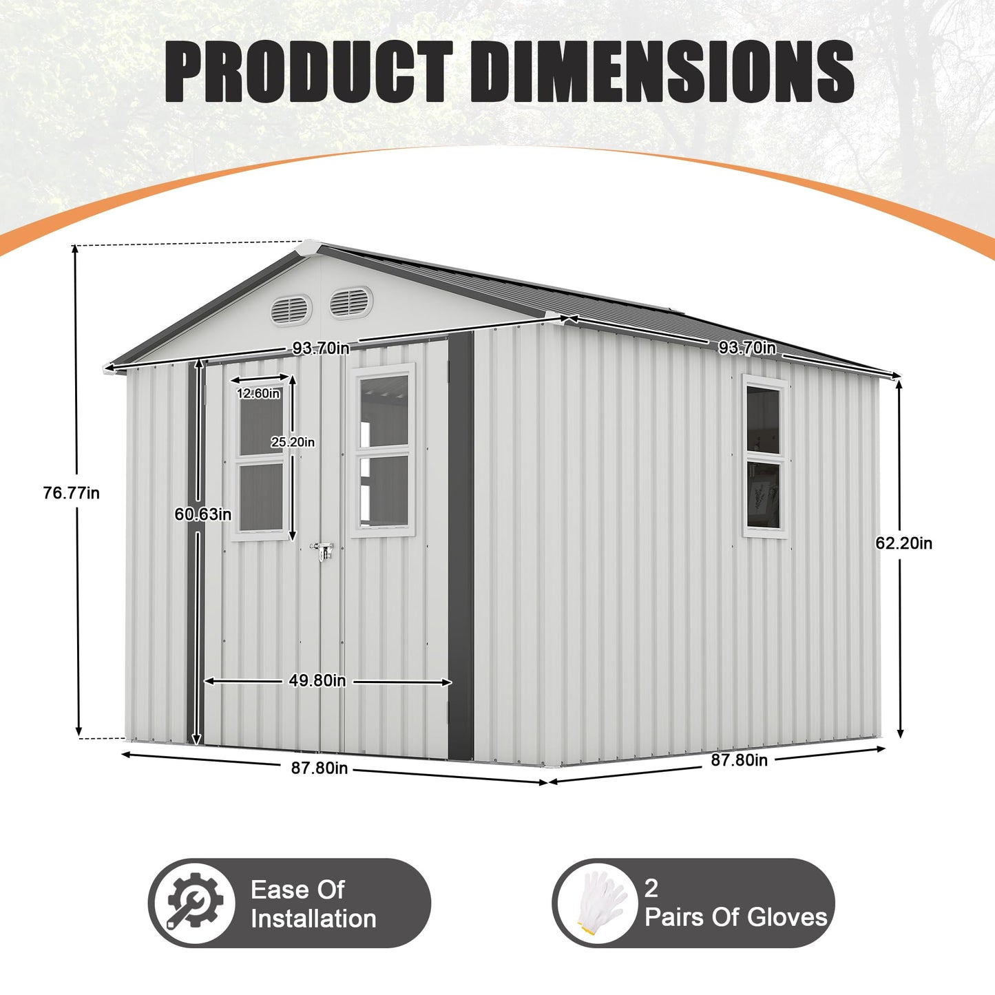 KEIKI 8x8 Outdoor Metal Storage Shed, Heavy-Duty Color Steel Construction with Protective Film, 4 Windows & Lockable Double Doors, Backyard Garden Utility Shed, White
