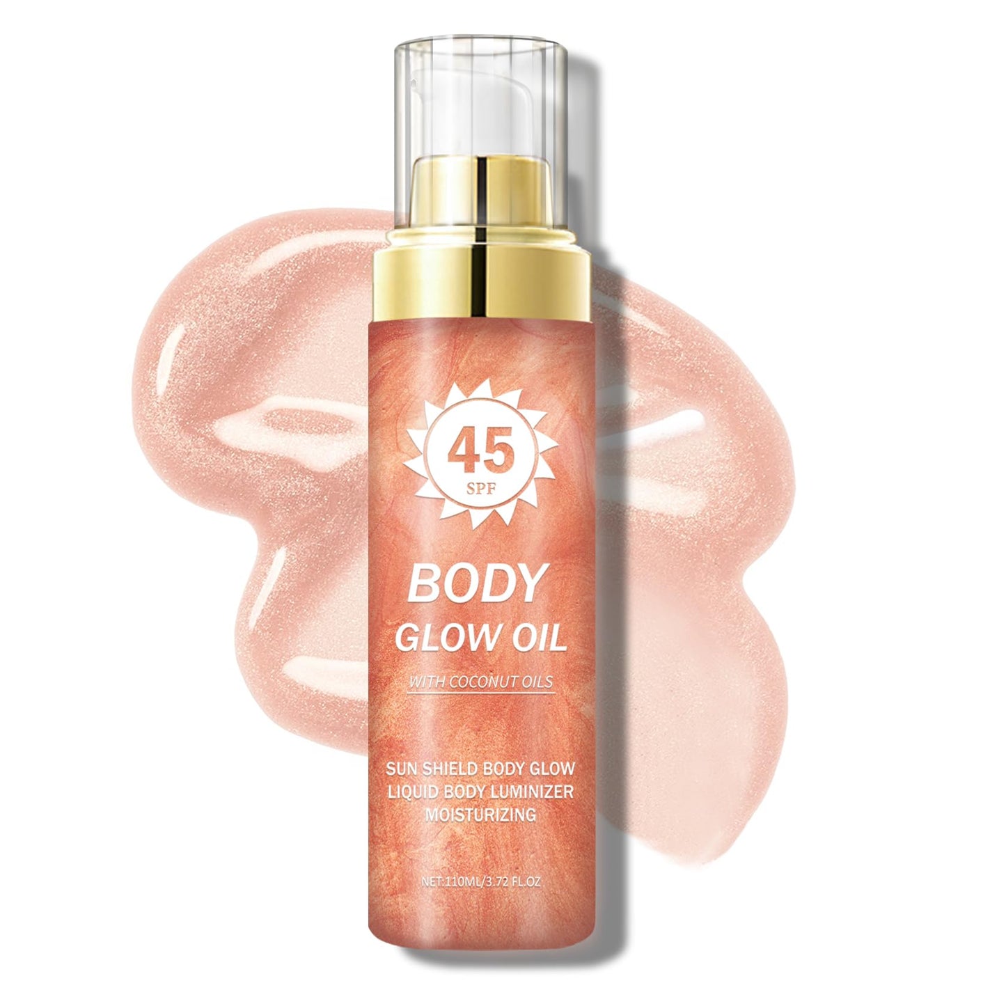 QIUFSSE Body Glow Oil,SPF 45 Broad Spectrum,Body Oil Shimmer Sunscreen with Rose Gold Mica,Lightweight Non-Sticky,Moisturizing C
