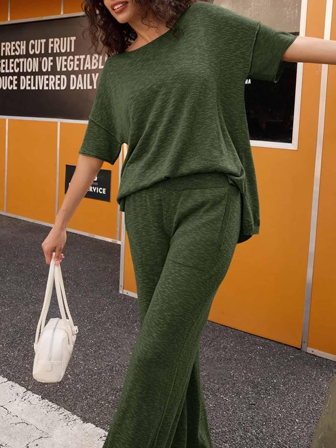 Tankaneo Women's 2 Piece Travel Outfits Casual Short Sleeve Knit Sweater Set Wide Leg Pants Lounge Sets Tracksuit