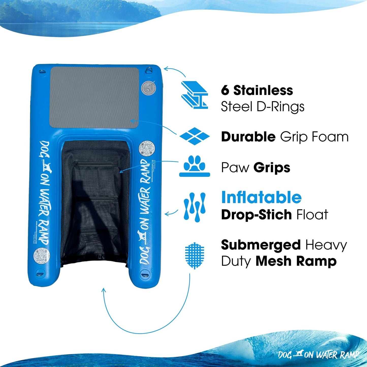 Dog on Water Ramp for Boat, Dock, or Pool. for Dogs up to 200 lbs to Easily Climb Out of The Water. Floatable. Includes Pump, Carry Backpack, Rope. 2025 Model