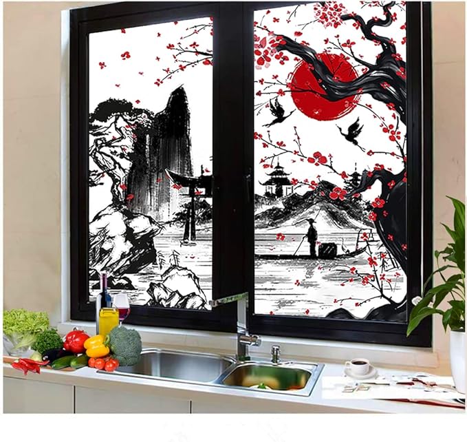 Vintage Japanese Style Decorative Window Film Abstract Ink Japanese Landscape Torii Gatekids Blackout Window Film,Cafe Lighted Window Film 17.7Wx23.6L-Inch X2Pcs