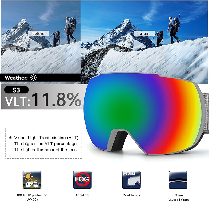 OULAIQI OTG Ski Goggles UV400 Anti-Fog Snowboard Glasses for Men Women Youth- Perfect for Skiing, Snowboarding,Winter Sports