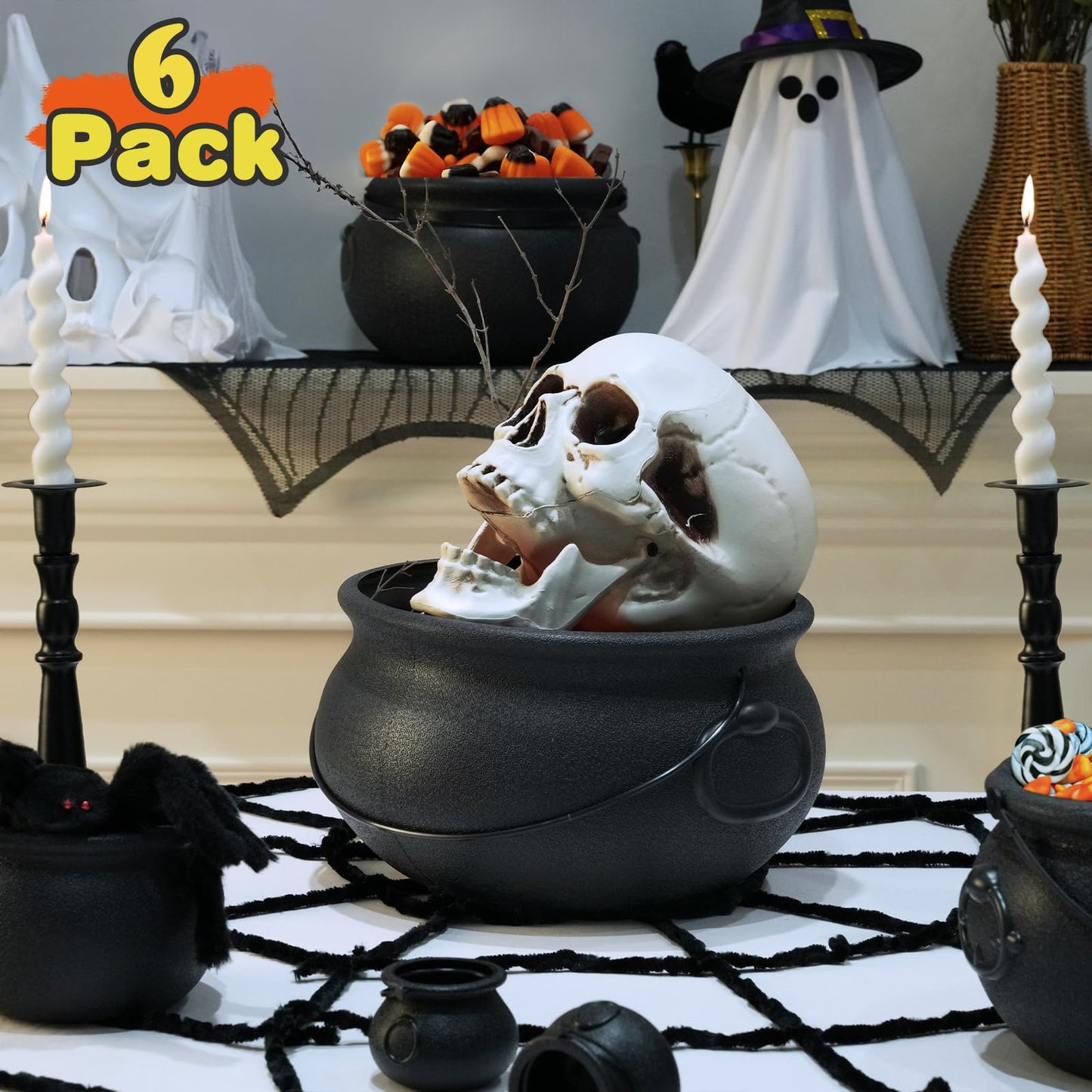 Zesua Halloween Decorations - 6 in 1 Package Large Black Plastic Witches Cauldron - Cauldron Candy Bowl - Trick or Treat - Cauldron Pot for Indoor Outdoor Party Table Decor
