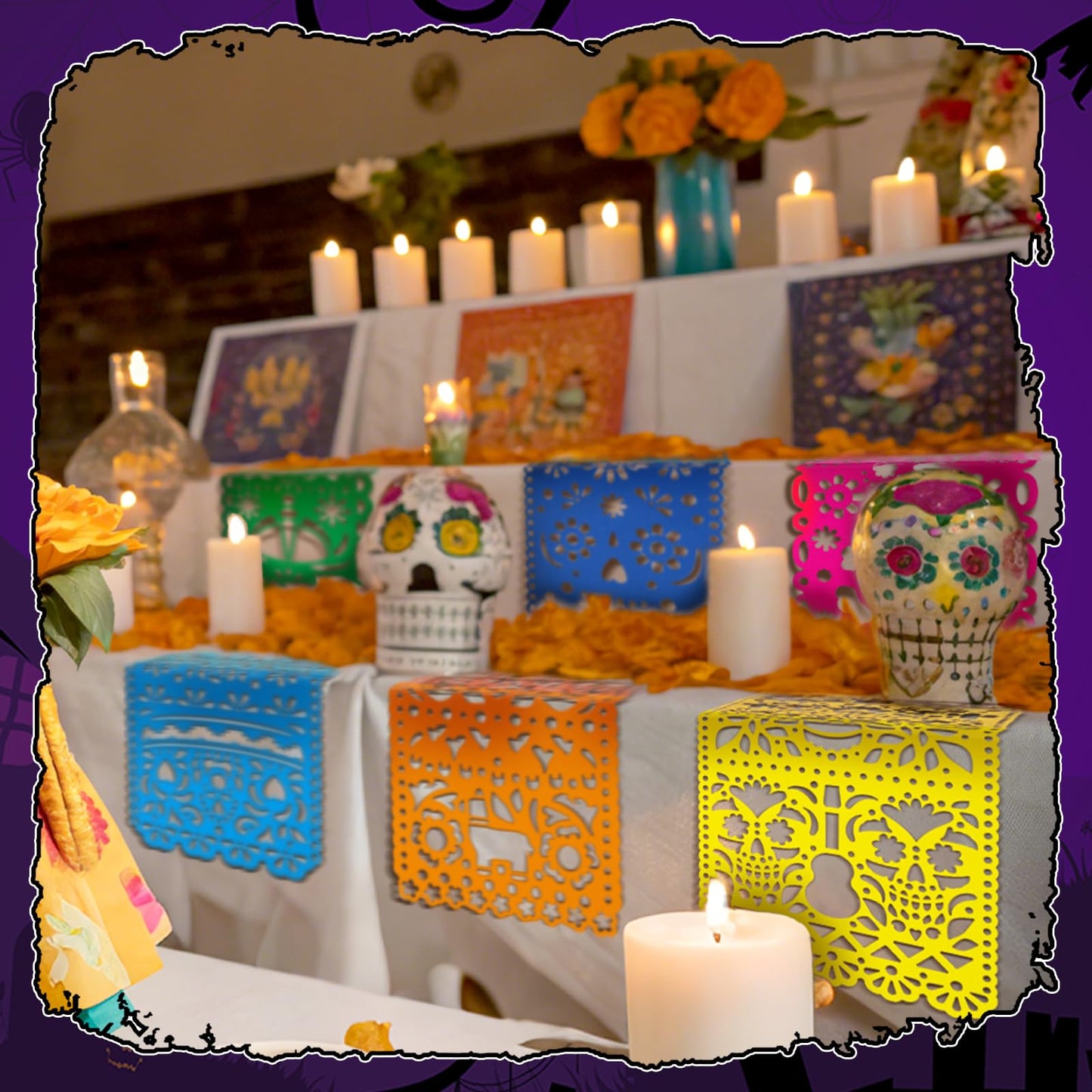 Motiskyy 6 Pack Day of The Dead Altar Decor Papel Picado Table Runners 29 x 10 Inch Dia De Muertos Decorations Sugar Skull Mexican Table Runner Mexican Party Fiesta Carnival Cinco De Mayo Mantel Decor