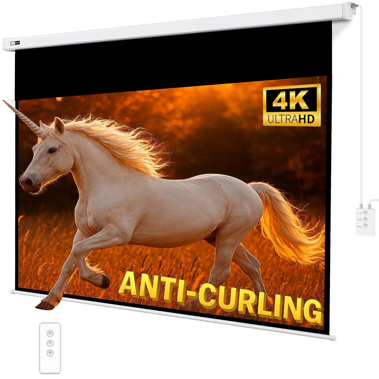 Anti-Curling Motorized Projector Screen for Non-UST by SilverMagic and Modern Design Indoor/Outdoor White Screen with White housing for Home Theater/Living Room/Patio/Office/Classroom 100 inch 16:9