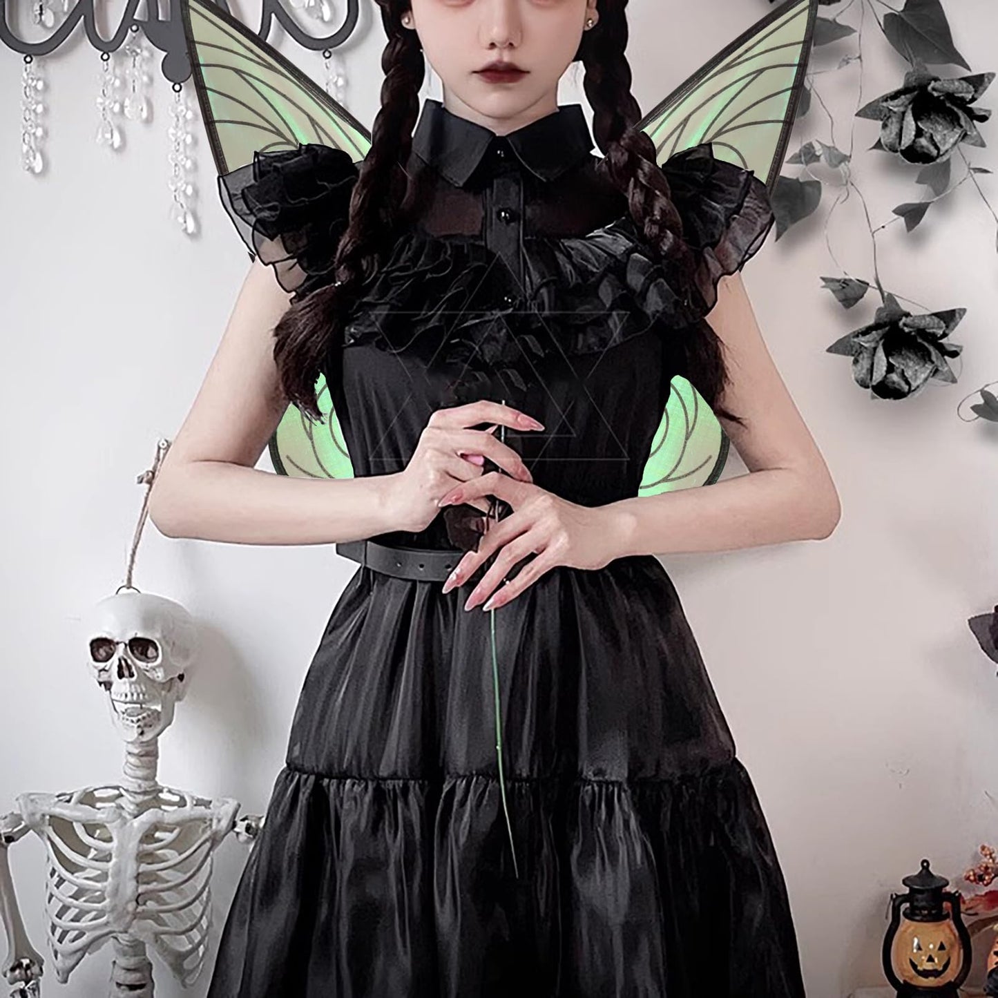 LOHZAQ Butterfly Fairy Wings Costume for Women Girl, Sparkle Princess Wing for Halloween Party Favor with Elf Ears Flower Crown (Black)