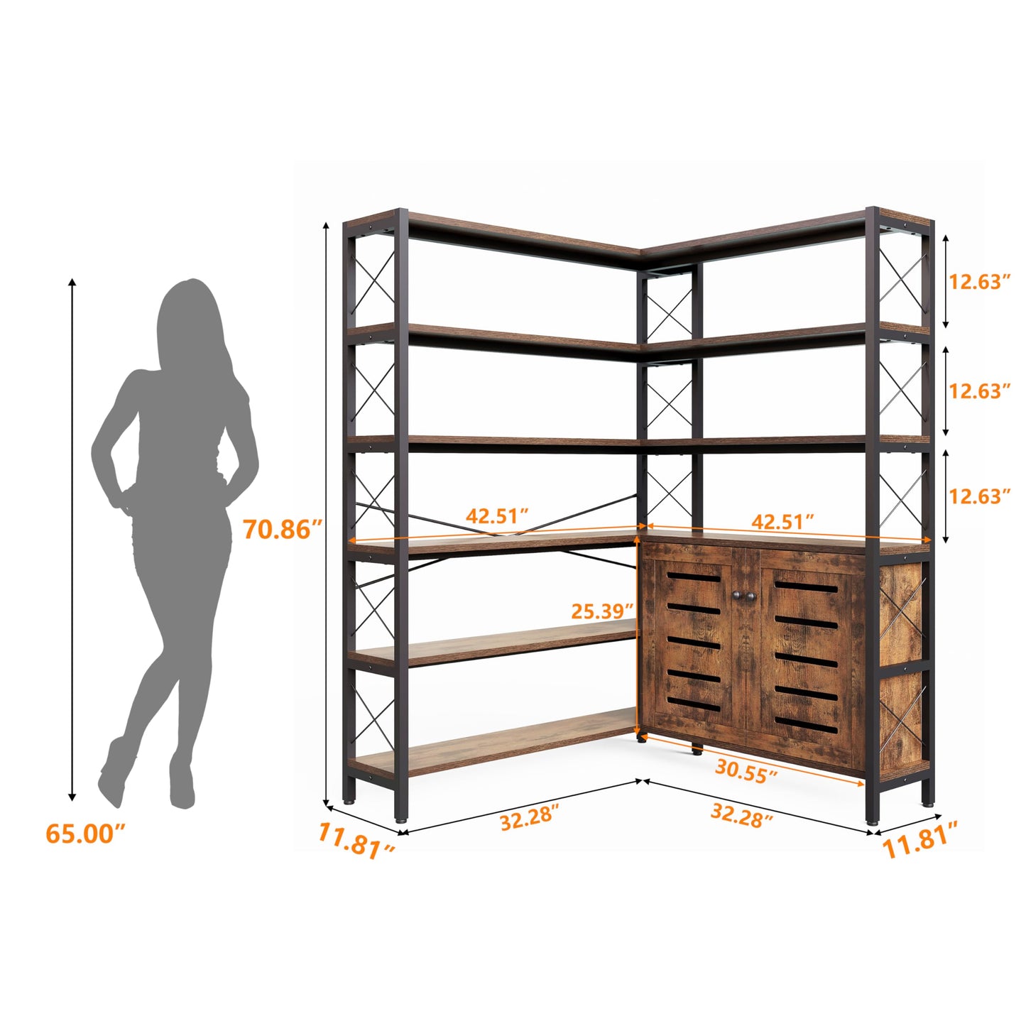 GLAUBIO Large 6 Tier Industrial Corner Bookshelf with Storage Cabinet,L Shaped Bookcase with Doors, Tall Corner Plant Stand, Tall Bookshelf for Living Room, Home Office（Brown Wood）