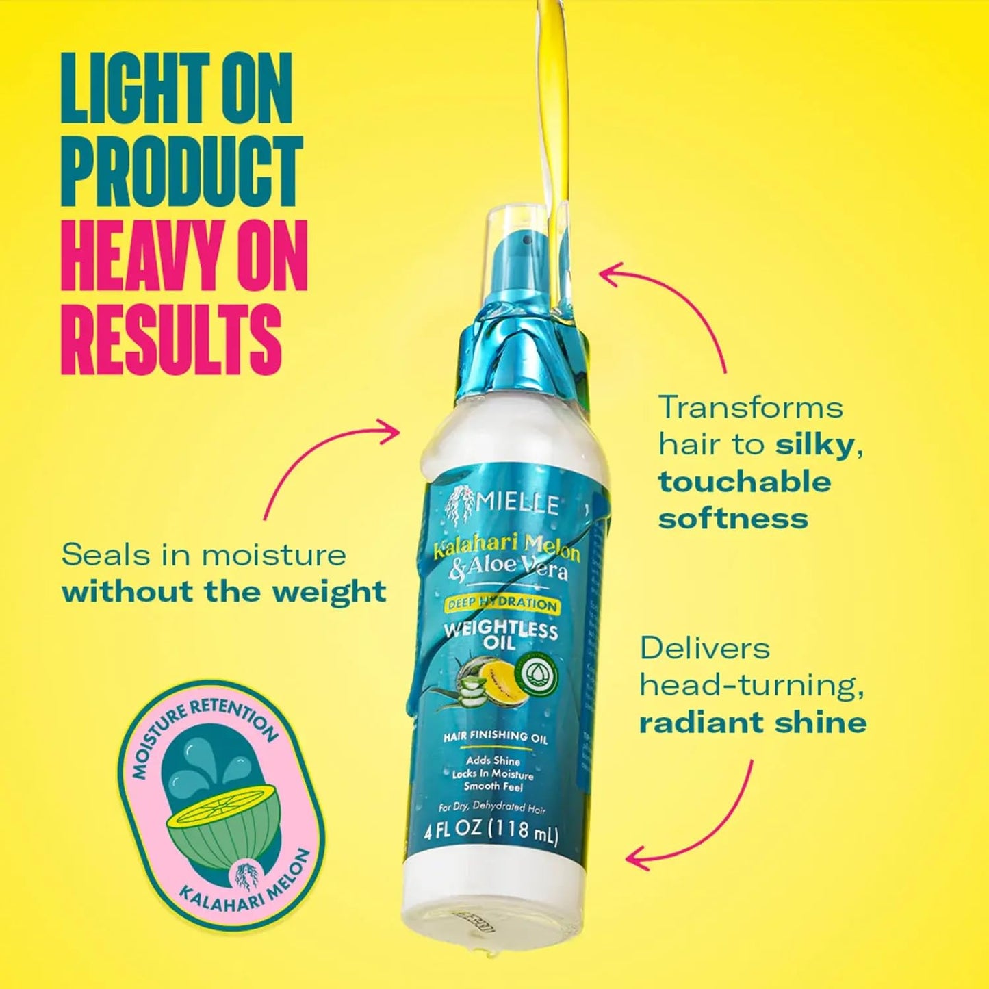 Mielle Weightless Hair Oil - Kalahari Melon & Aloe Vera Deep Hydration Hair Treatment for Dry, Curly and Textured Hair - Lightwe