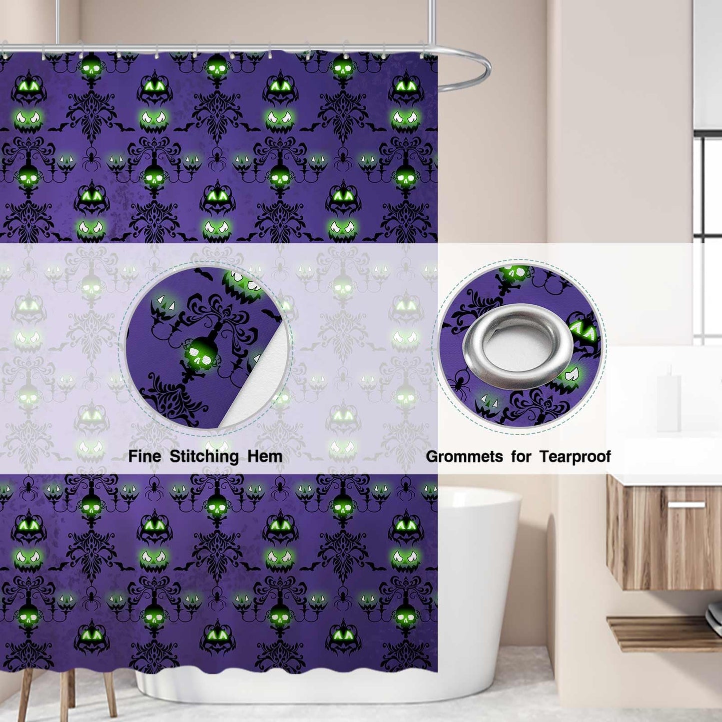 Allenjoy 72" x 72" Halloween Purple Haunted House Shower Curtain for Bathroom Set Spooky Skull Wall Pumpkin Eyes Home Bath Bathtub Decoration Durable Fabric Machine Washable