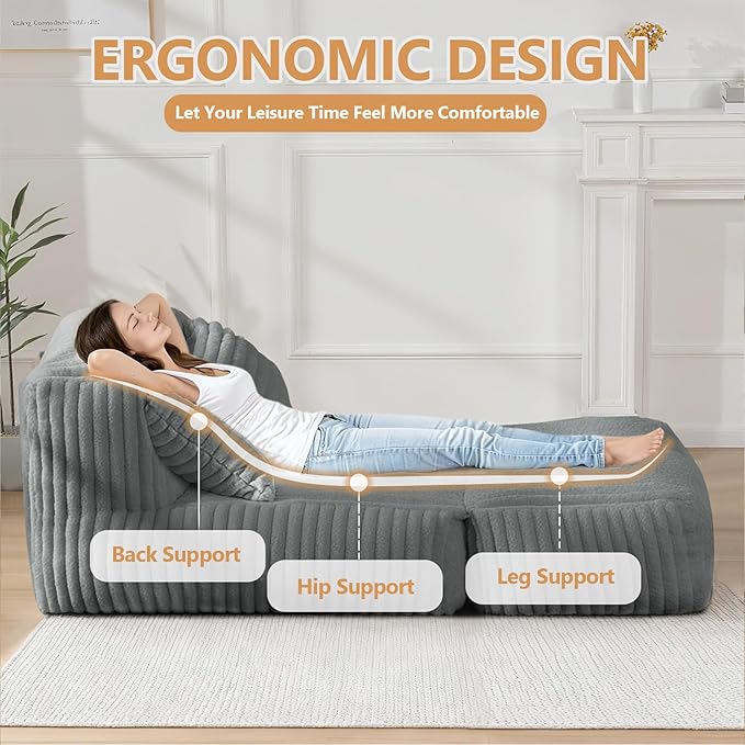 Giant Bean Bag Lounger Sofa with Pillow, Large Beanbag Chair for Adults, Oversized Comfy Beanbag Lazy Floor Sofa, Bean Bag Couch with Memory Foam Filled for Living Room, Bedroom, Gray