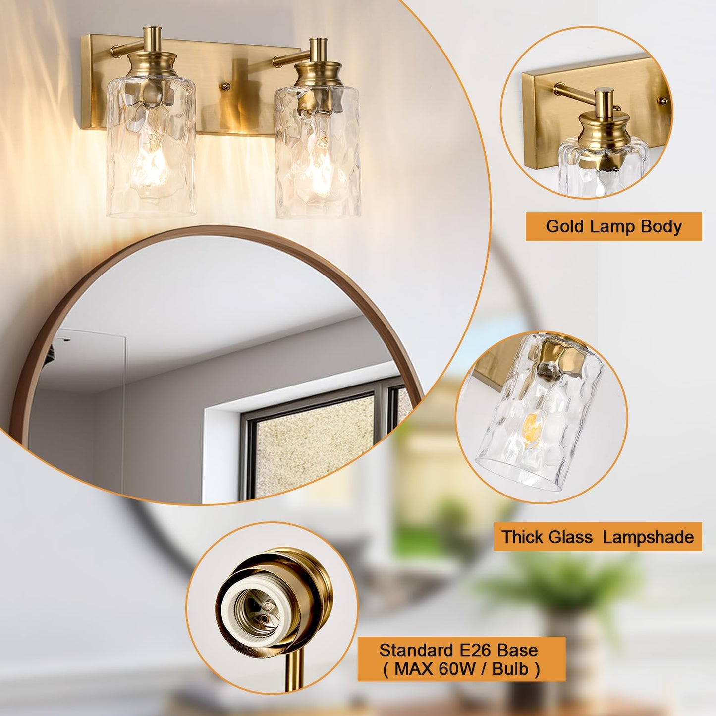 AMRUIPO 2 Light Bathroom Vanity Light Modern Brushed Gold Bathroom Light Fixtures Over Mirror with Hammered Glass Lampshade for Kitchen Hallway