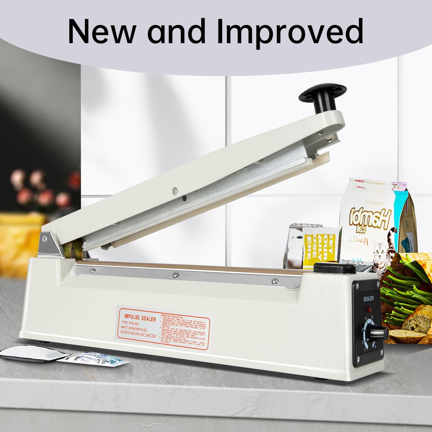 R-PACK Impulse Heat Sealer with Sealing Bar: Heavy-Duty Bag Sealer with Extra Cutting Blade (White, 8-Inch)