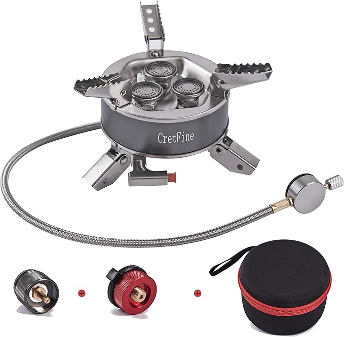 CretFine 6800W Windproof Camping Stove with Adapters, Foldable Backpacking Triple Burner with Portable Case, Piezo Ignitio...