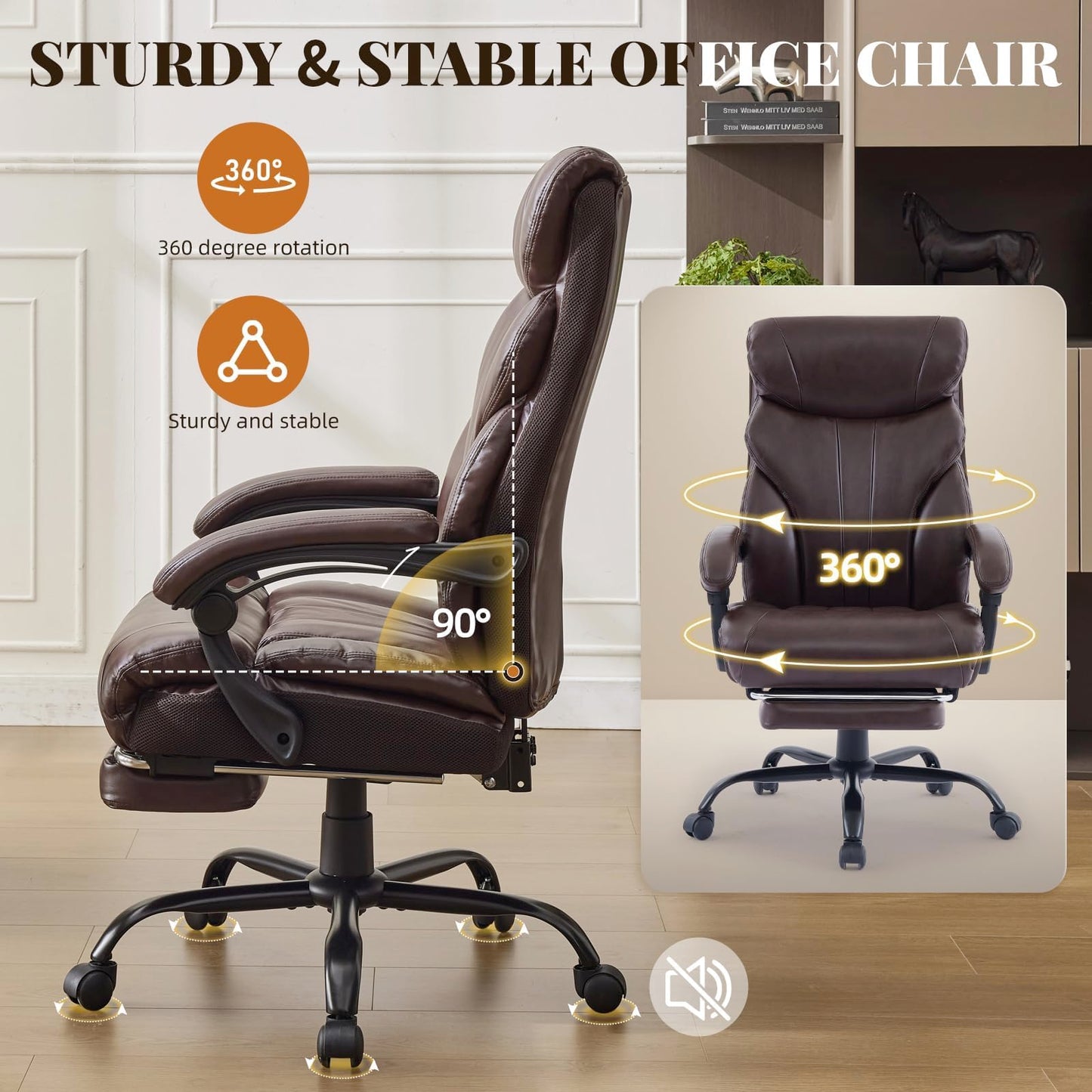 Garvee Comfortable Office Desk Chair 500 LBS, Big and Tall Office Chairs with Footrest,90-155°Recline Executive Leather Gaming Chair for Heavy People, Long Hours,Coffee