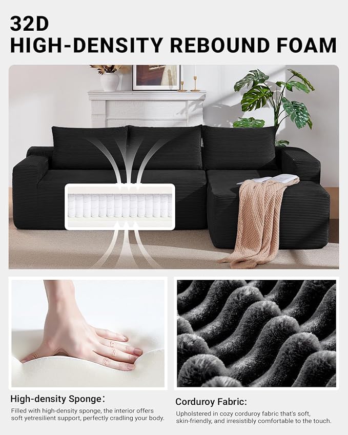 97" Cloud Sectional Couch,Modern Modular Sectional Sofa with Deep Seat,Corduroy Boneless Couches with L-Shape Chaise for Living Room Bedroom,No Assembly Required (Black, 97" Right Facing Chaise)
