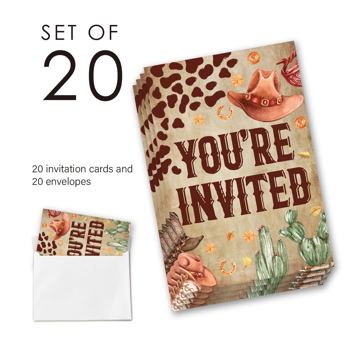 EUDOSI Wild West Cowboy Birthday Party Invitations Supplies Fill-In Set of 20 with Envelopes Retro Counrty Western Birthday Bash Invites Cards, Double Sided