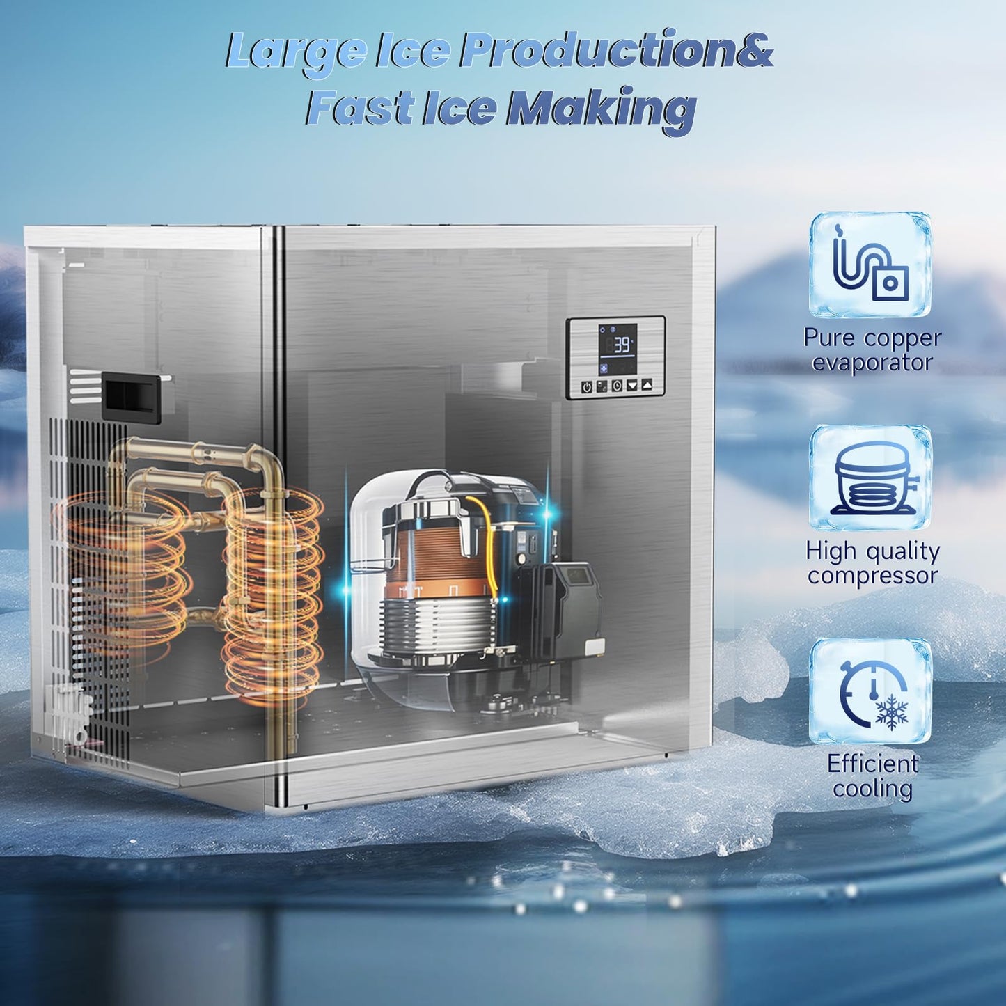 680 LBS/24H Commercial Ice Machine with 560 LBS Storage Bin, Ice Cubes Ready in 5-15 min, Stainless Steel Industrial Ice Maker, Self-Cleaning, Timing Function, Adjustable Ice Thicknesses