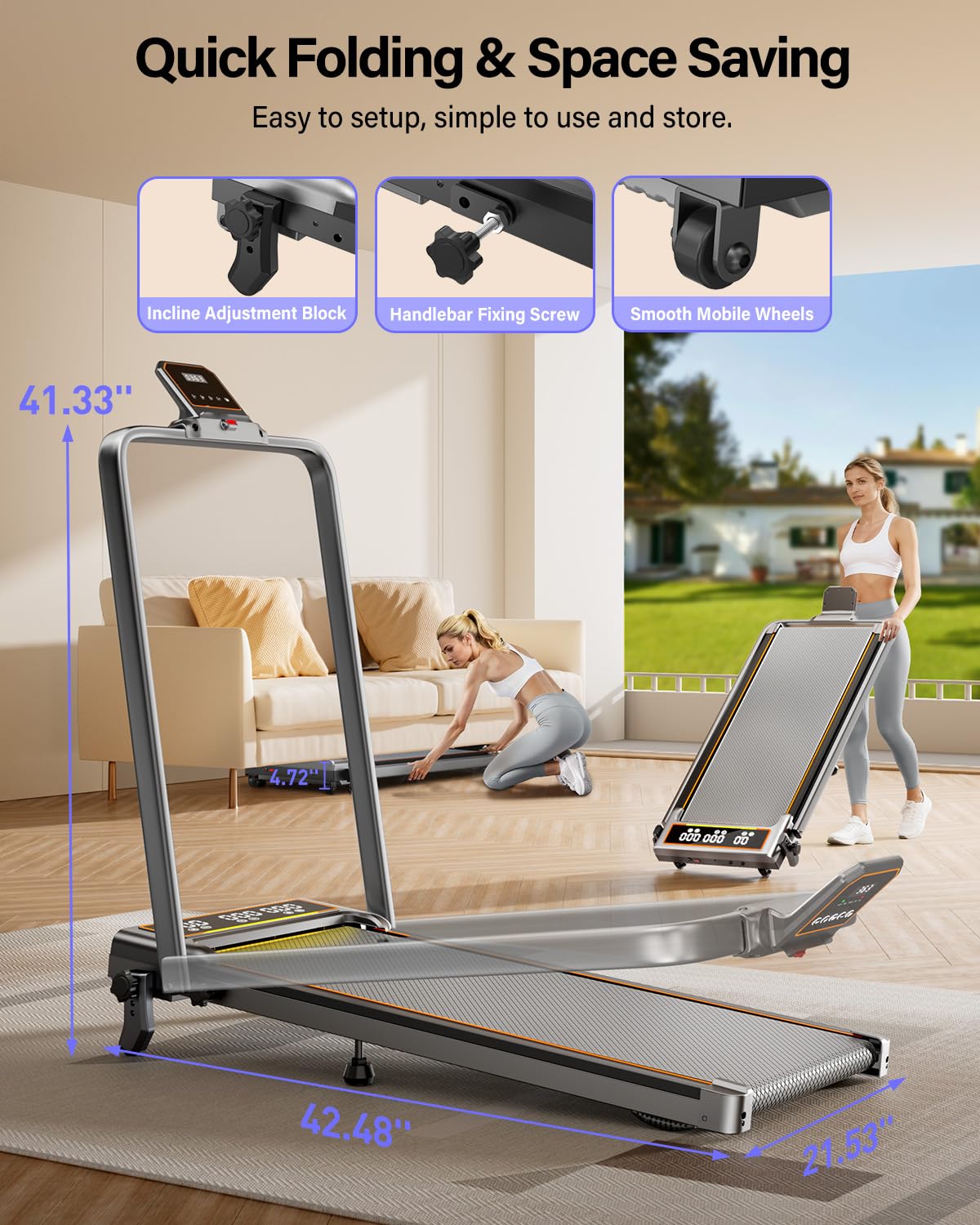 Walking Pad Treadmill with 15% Incline & Dual LED Display, 4 in 1 Walking Pad with Handle Bar, 3.5HP Foldable Under Desk Treadmill, Portable Treadmills for Home 350LBS, 4 Adjustable Incline, RGB Light