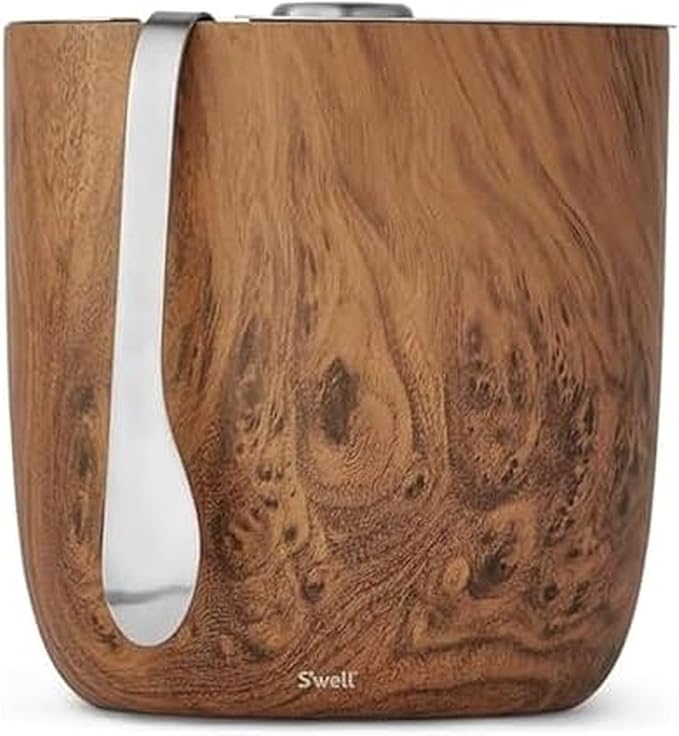 S’well Stainless Steel Ice Bucket with Tongs, 68oz Capacity, Teakwood Finish, Triple-Layer Vacuum Insulated to Keep Ice Co...