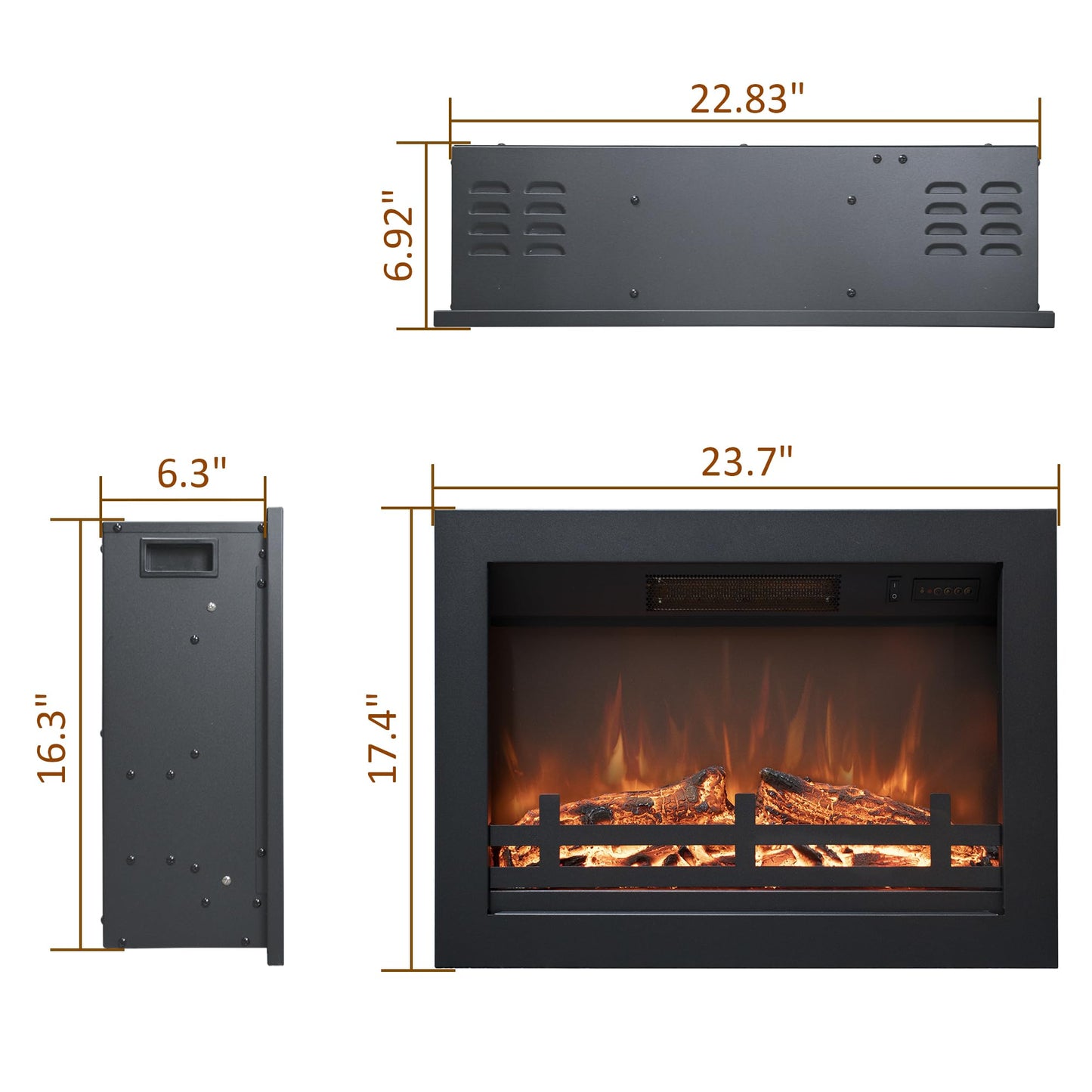 Rodalflame 23.7" W Electric Fireplace Insert with 4 Adjustable Brightness Flames & Overheat Protection, 750/1500W, Black