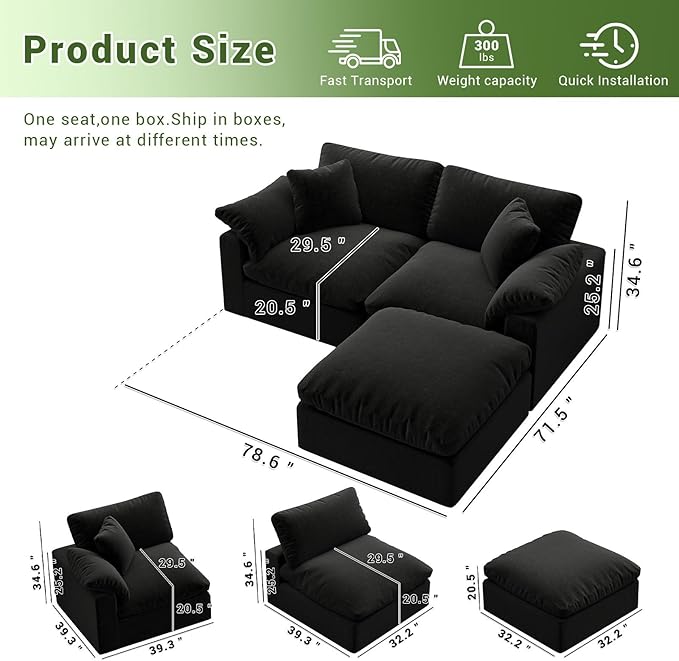 Intuition Decor Cloud Modular Sectional Sofa,2 Seat Down Filled Sofa 78.6" Minimalist Sofa,Cover Washable and Replaceable Couches for Living Room,Sectional Sofa Deep Seat Black