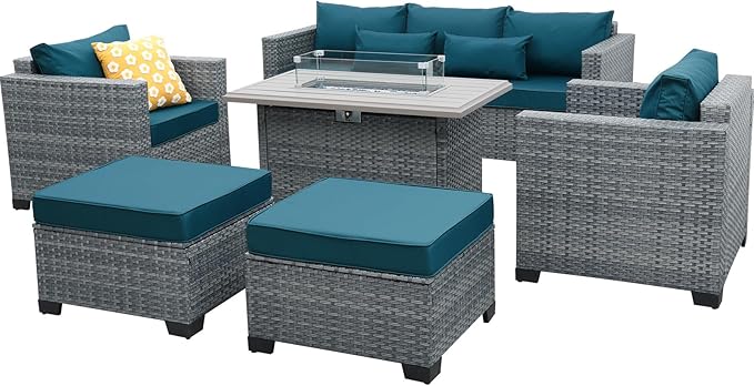 Lviden 6 Pieces Wicker Patio Furniture Sets Outdoor Conversation Set HDPE Rattan Sectional Sofa Couch with 45" Fire Pit Table and Peacock Blue Cushions