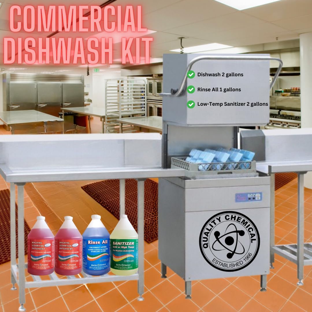 Quality Chemical Commercial Dishwashing Kit/4 Gallon Combo Pack - Dishwash (2 Pack), Rinse All (1 Pack), Chloro Guard Low Temp (1 Pack)/Food Grade Sanitizer for Restaurant Dishwasher Sanitizer