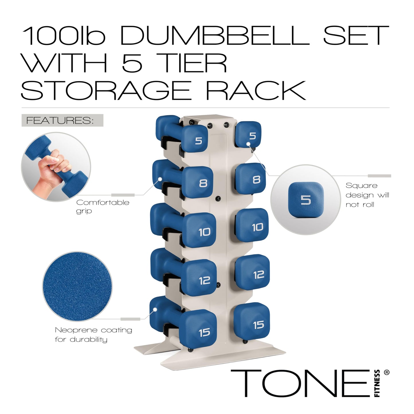 Tone Fitness 100 LB Neoprene Dumbbell Set with Storage Rack – Non-Slip, Anti-Roll Hand Weights for Home Gym Workouts | Light Gray Rack and Purple Dumbbells