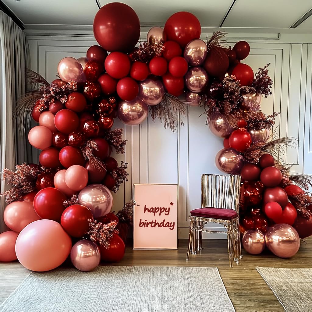 Red Pink Balloon Garland Double Stuffed Burgundy Gold Balloons Dark Red Dusty Pink Gold Balloon Arch Kit for Bridal Shower Wedding Birthday Girl's or Mom's Party Decoration